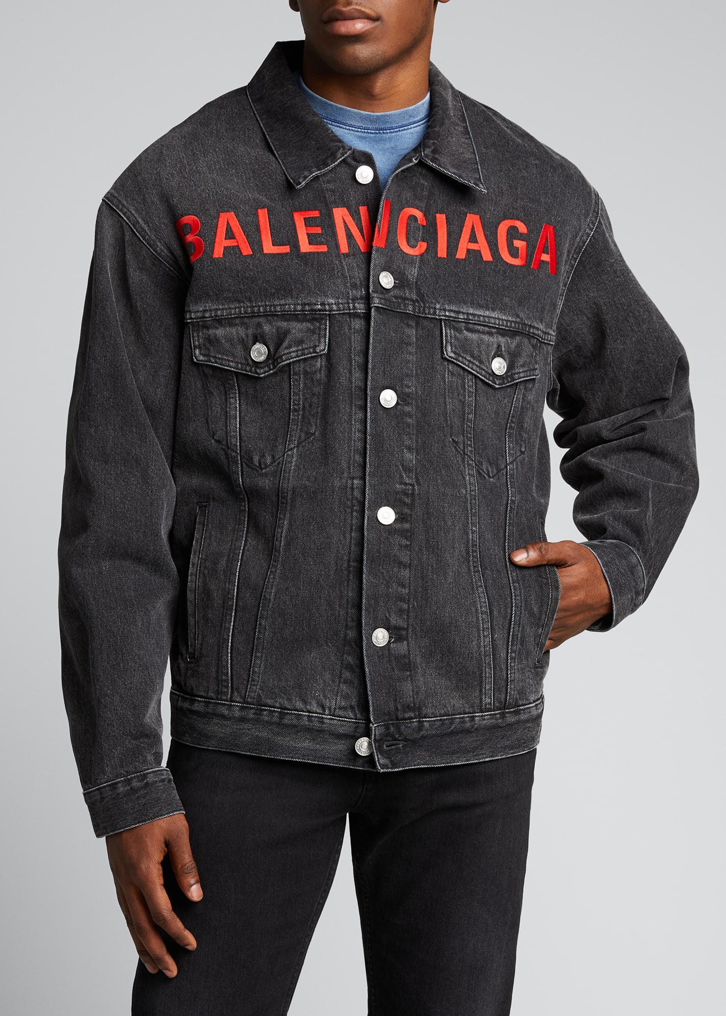 Balenciaga Men's Front Logo Denim Jacket - Bergdorf Goodman