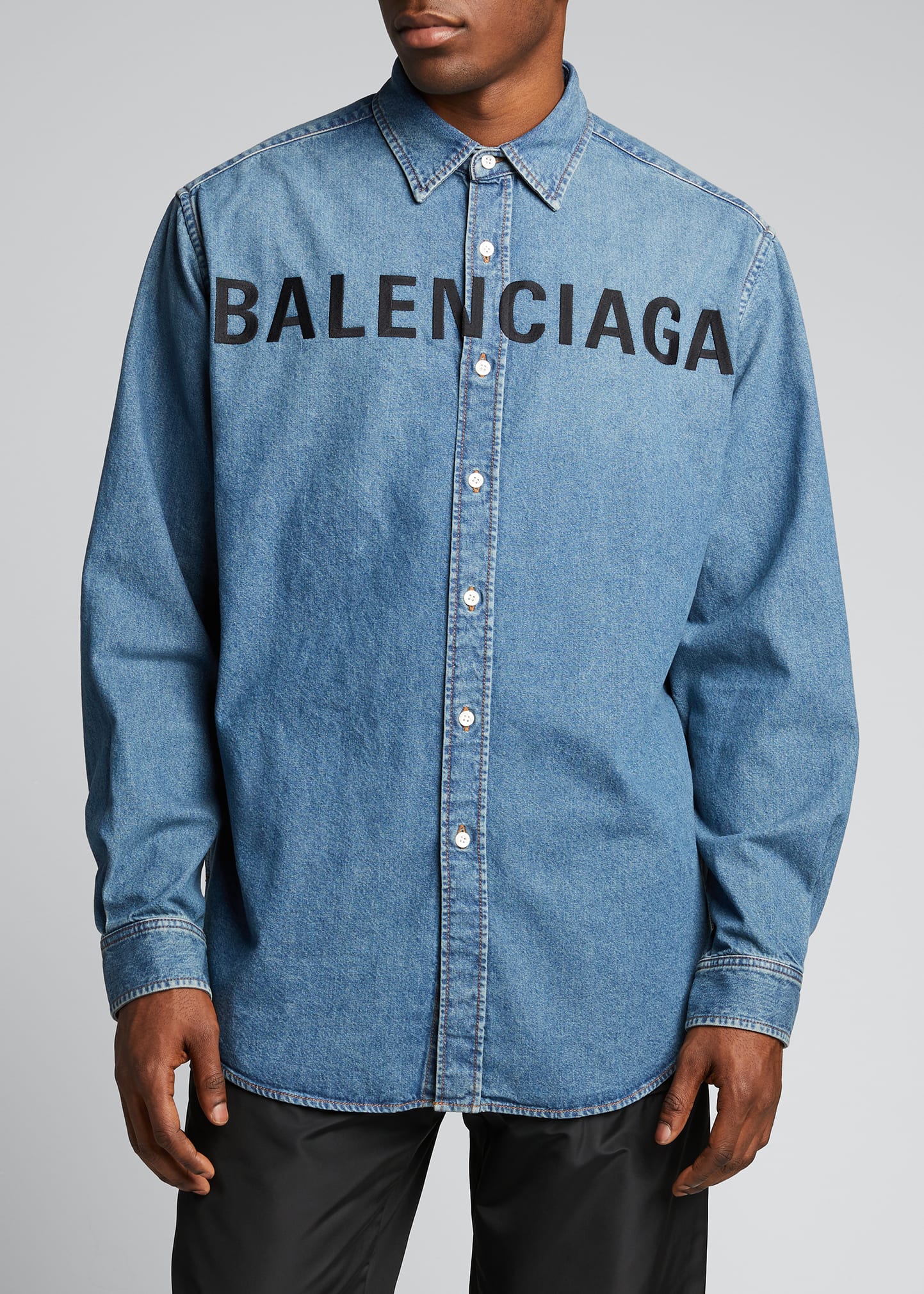 Balenciaga Men's Front Logo Denim Sport Shirt - Bergdorf Goodman