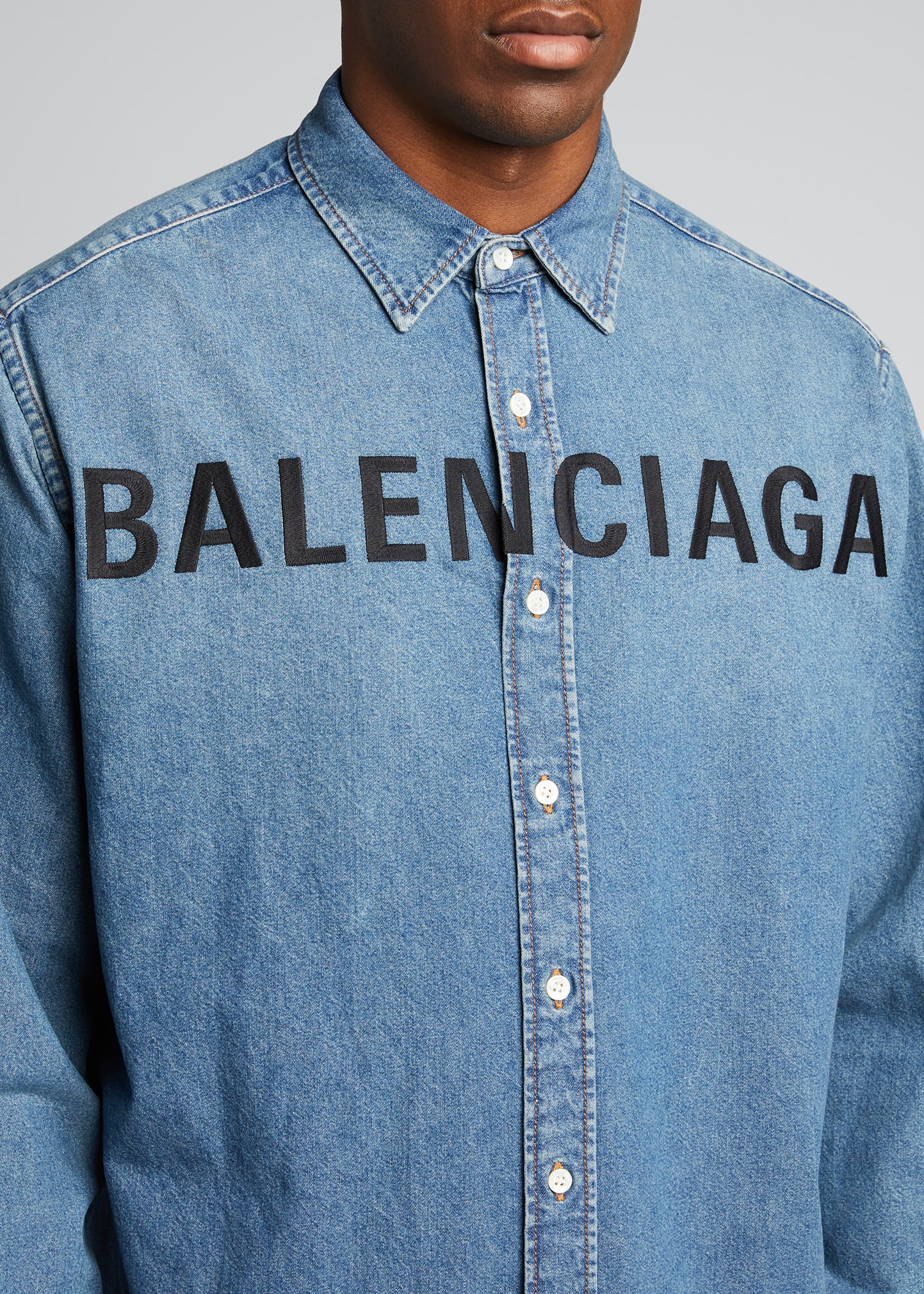 Balenciaga Men's Front Logo Denim Sport Shirt - Bergdorf Goodman