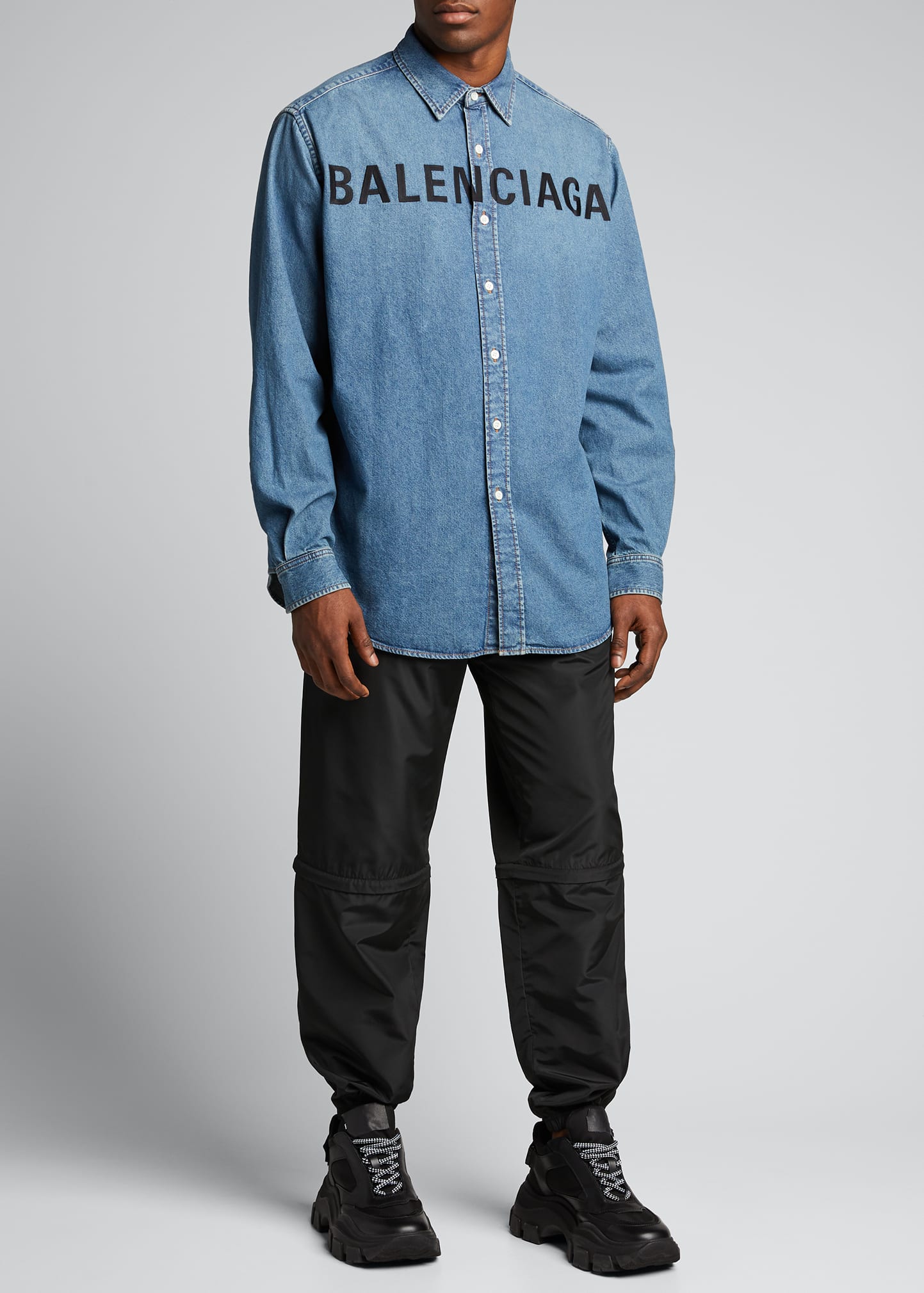 バレンシアガ　LOGO DENIM SHIRTロゴ　デニムシャツ Balenciaga Men's Front Logo Denim Sport Shirt - Bergdorf Goodman