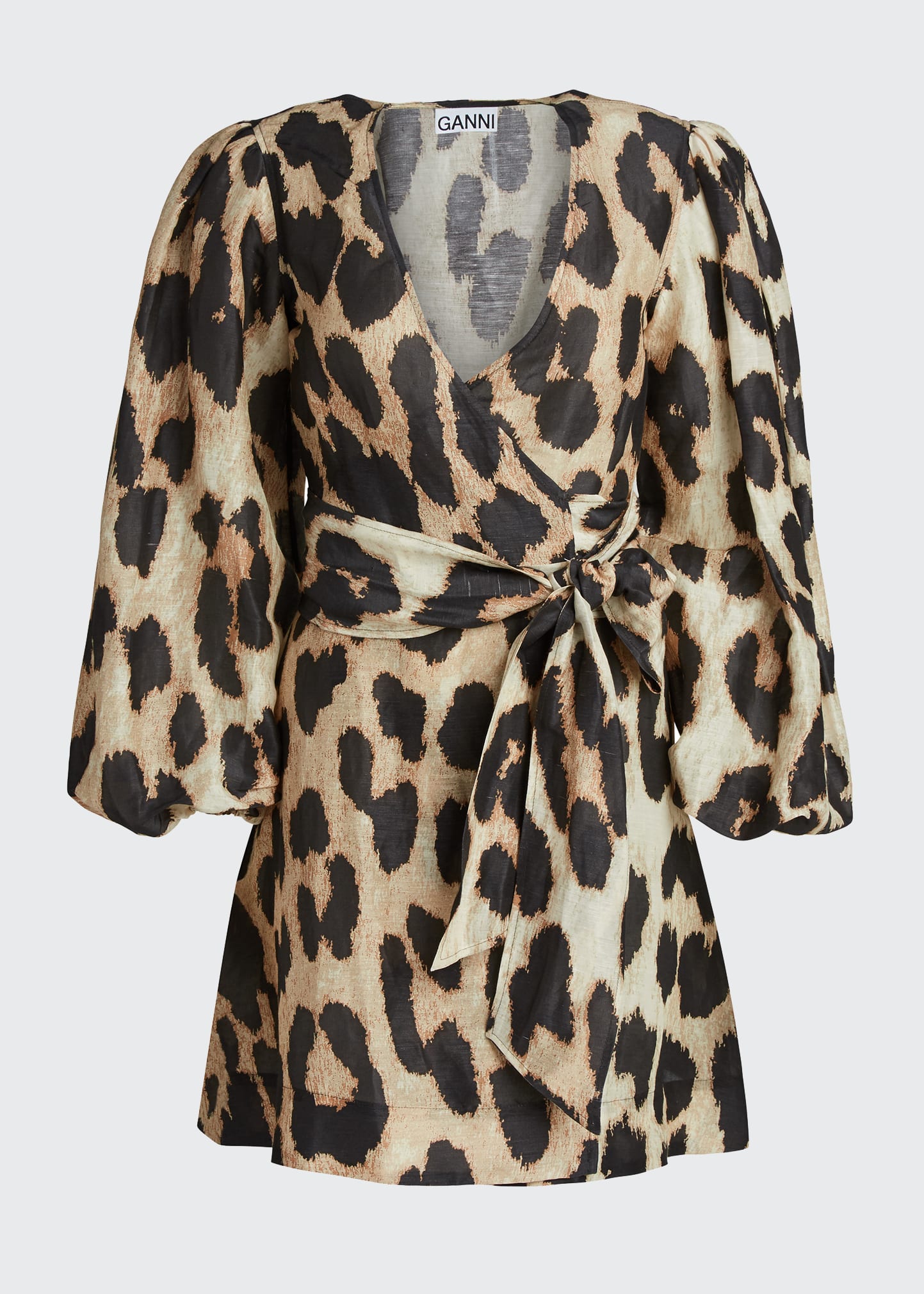 ganni leopard silk dress Leopard-print silk-blend satin midi wrap dress - animal print
