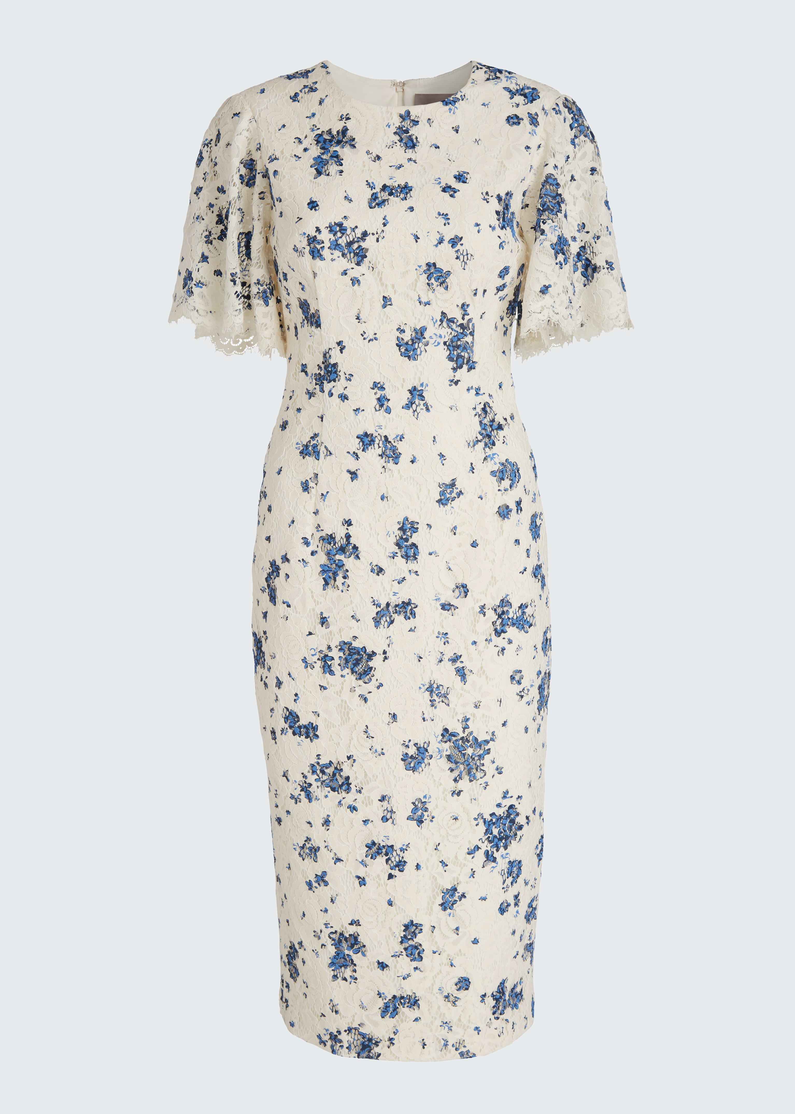 Lela Rose Floral Printed Corded Lace Flutter-Sleeve Sheath Dress