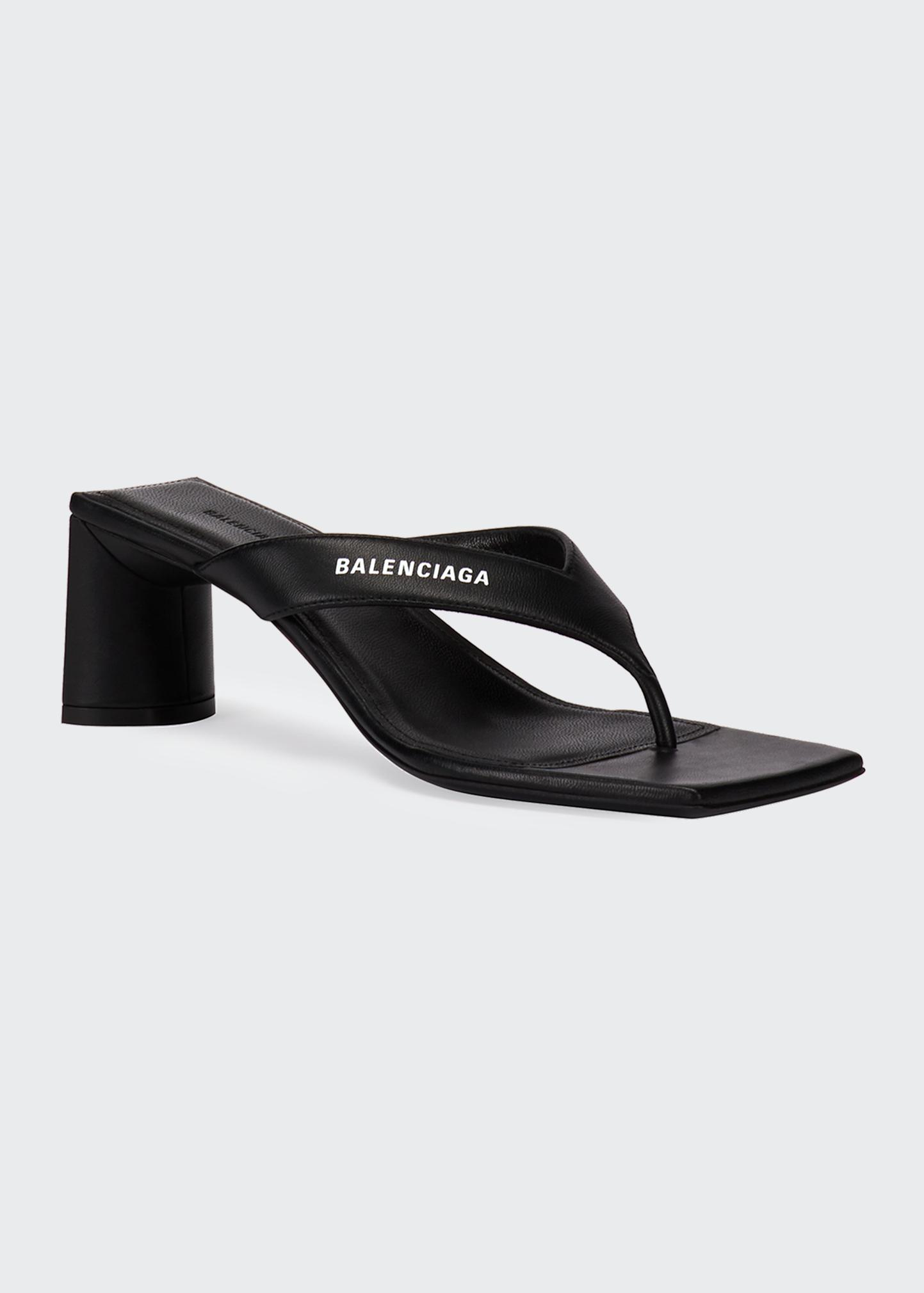 Balenciaga Double Square Block-Heel Leather Thong Sandals