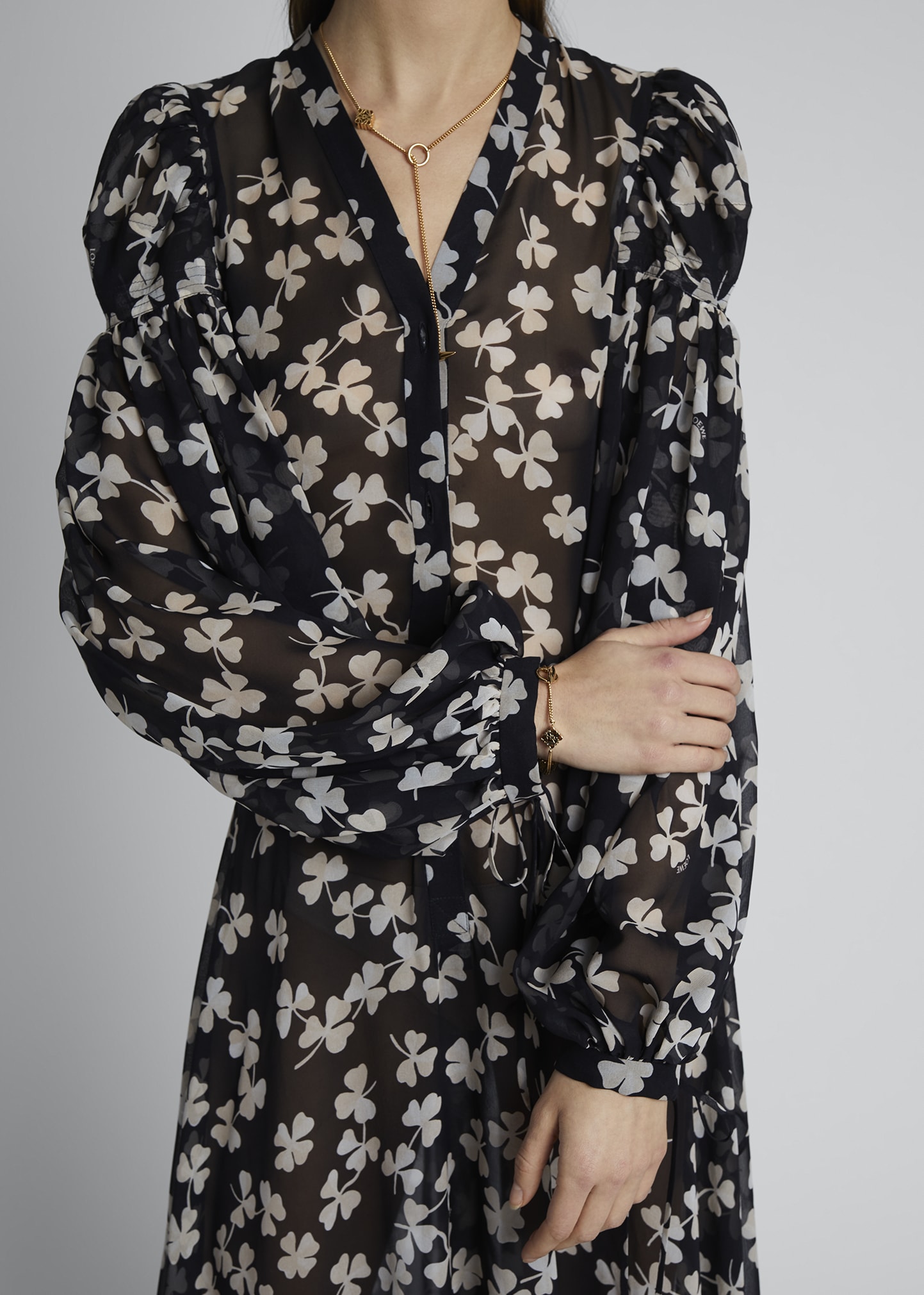 Loewe Shamrock Chiffon Puff-Sleeve V-Neck Maxi Dress - Bergdorf