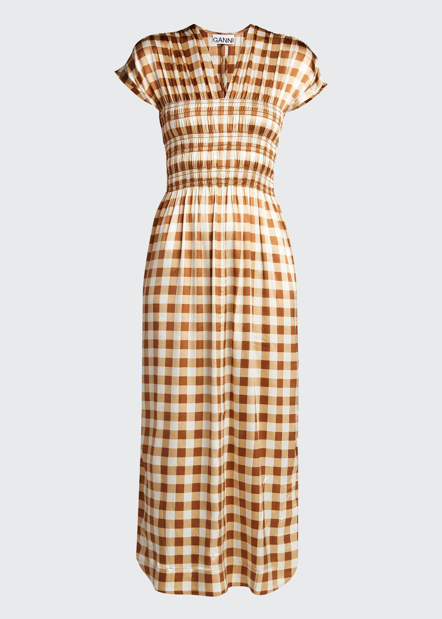 Ganni Gingham Cap-Sleeve Stretch Silk Maxi Dress - Bergdorf Goodman