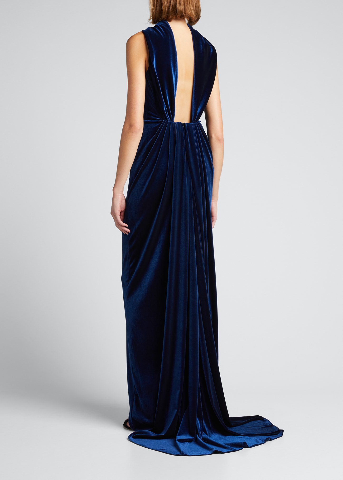 Monique Lhuillier Plunging Draped-Back Fitted Velour Gown
