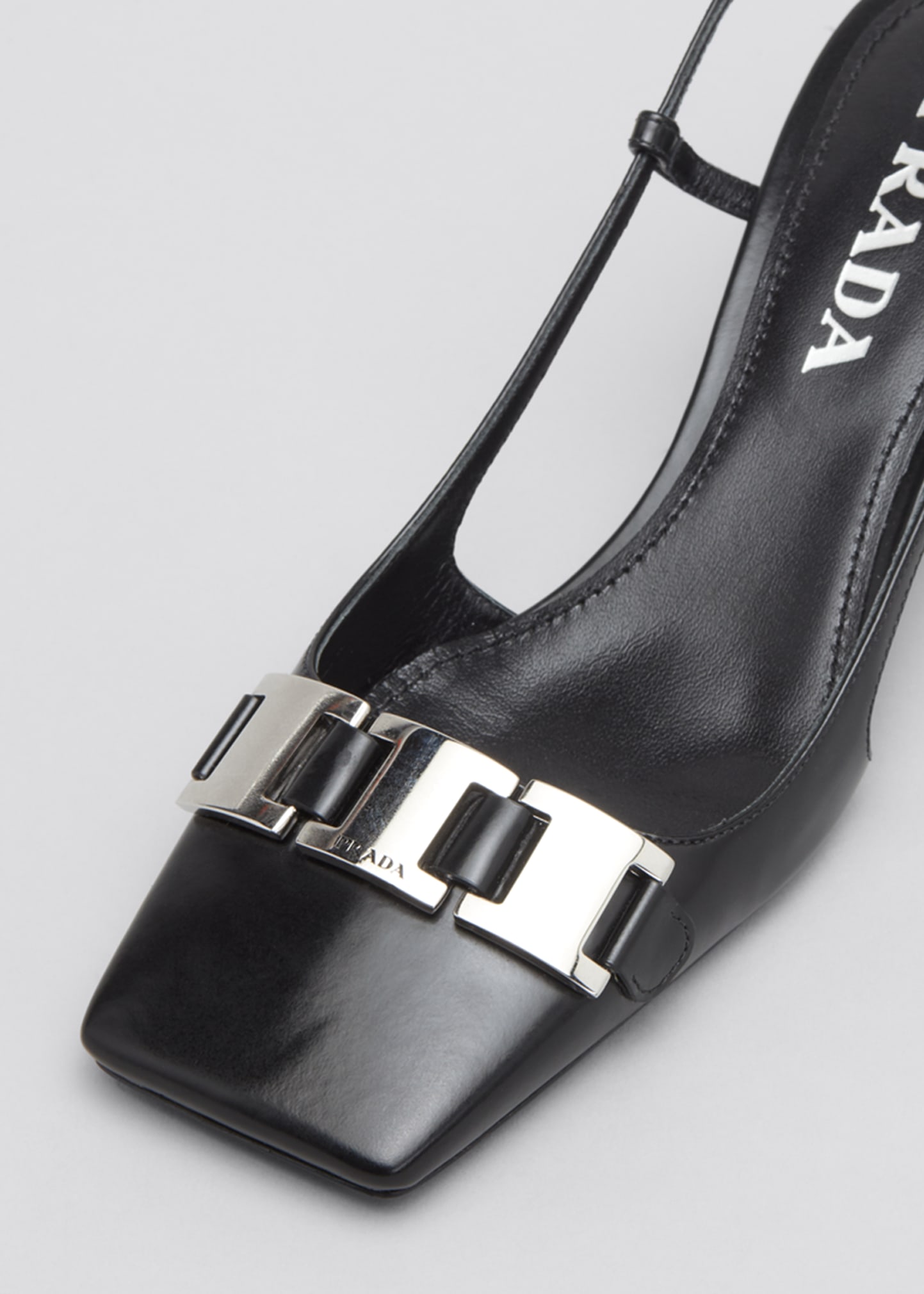 Prada 55mm Leather Square-Toe Slingback Pumps with Chain