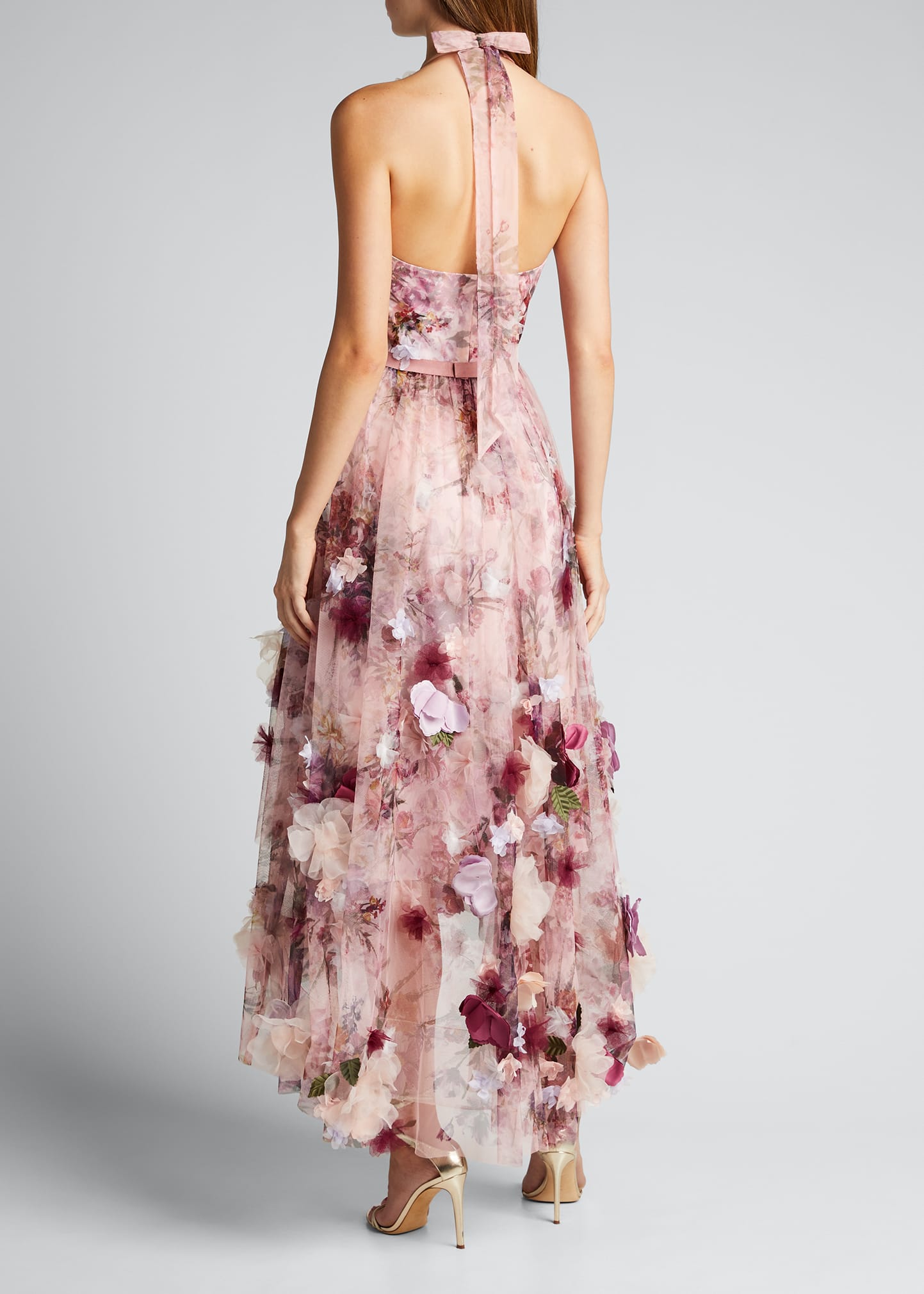 Marchesa Notte High-Low Floral Printed Tulle Halter Dress with 3D Flowers -  Bergdorf Goodman