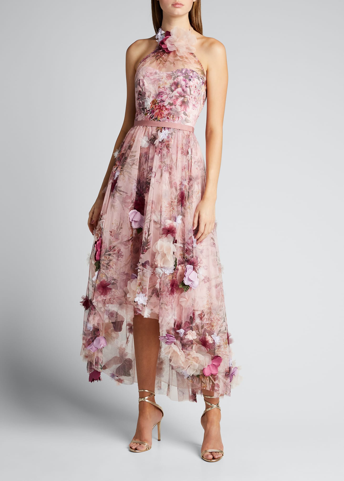 Marchesa Notte High-Low Floral Printed Tulle Halter Dress with 3D