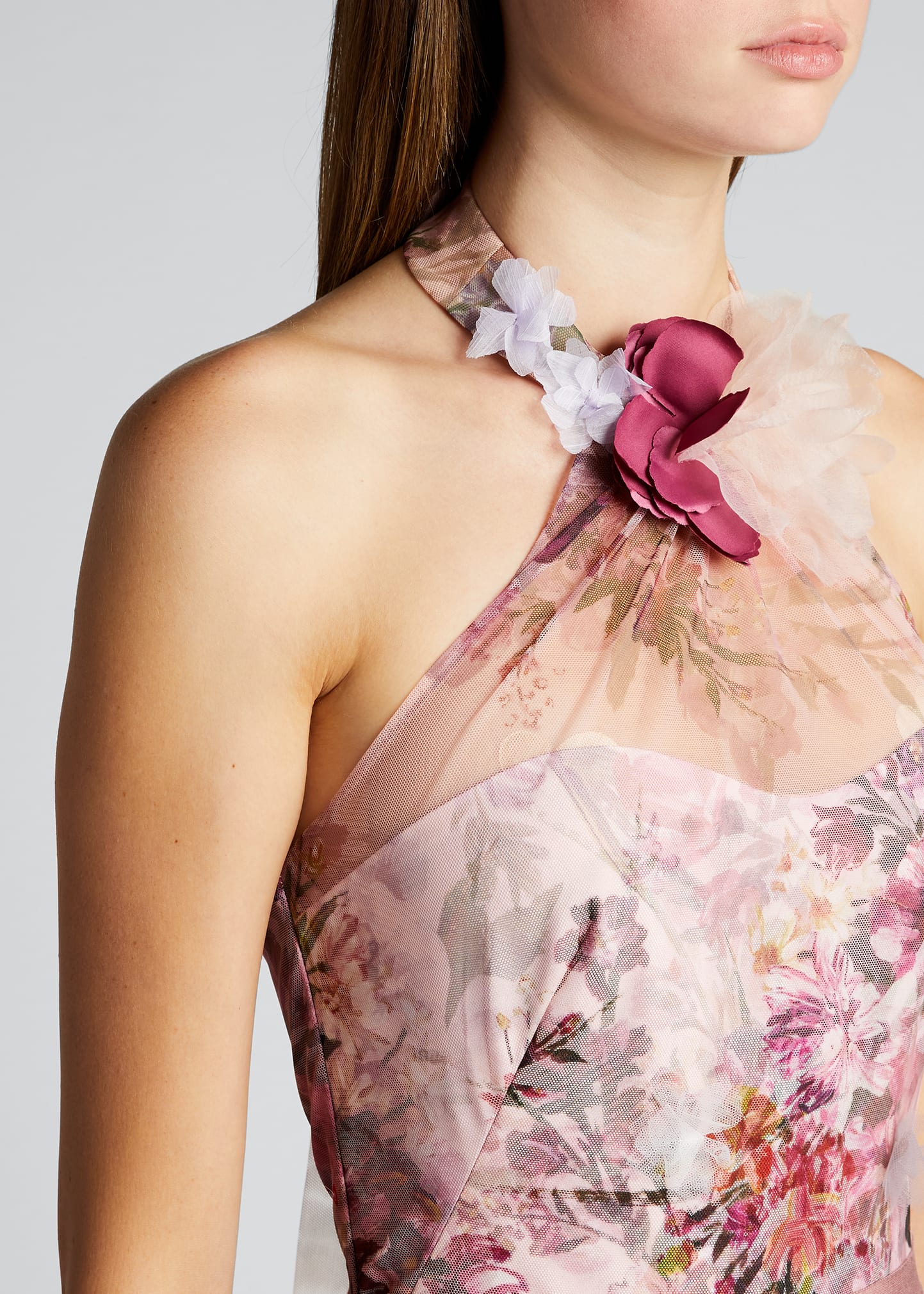 Marchesa Notte High-Low Floral Printed Tulle Halter Dress with 3D