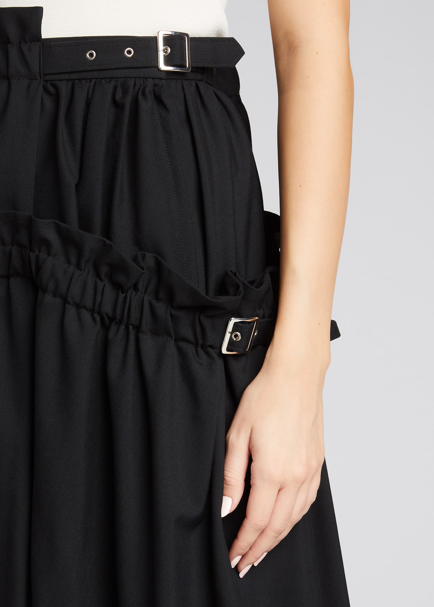 Noir Kei Ninomiya Asymmetric Frill Belted Wool Midi Skirt