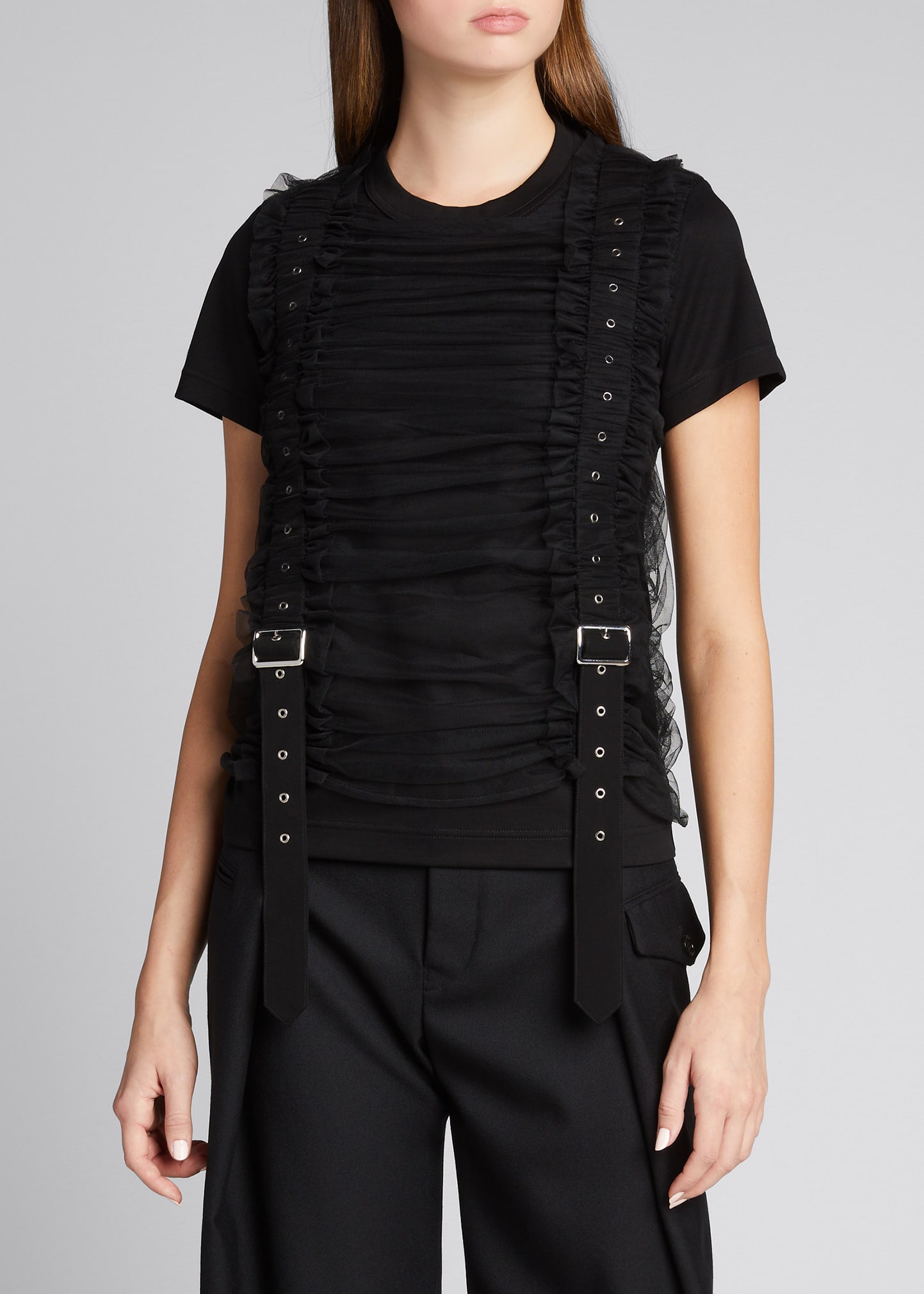 Noir Kei Ninomiya Tulle Vertical-Belt Ruched T-Shirt - Bergdorf