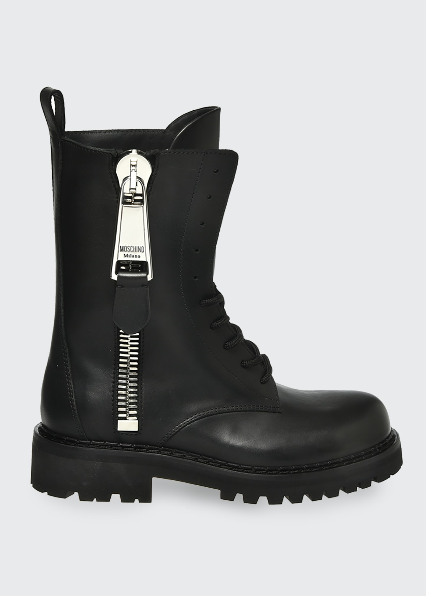 Moschino Men's Leather Biker Boots w/ Oversized Zipper - Bergdorf