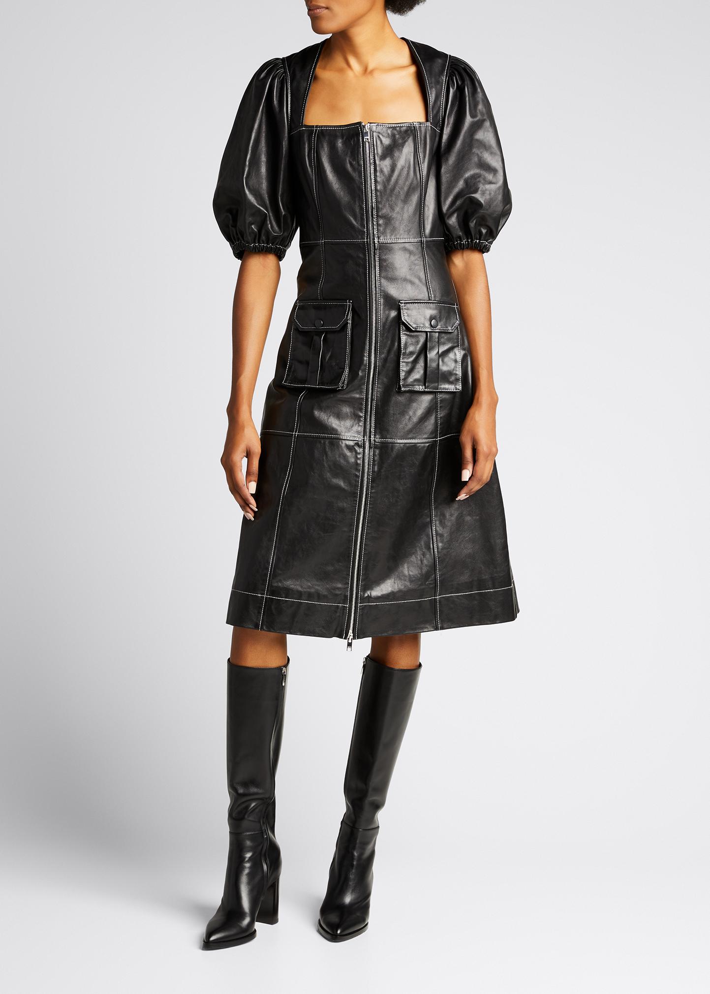 Ganni Zip-Front Paneled Lamb Leather Dress