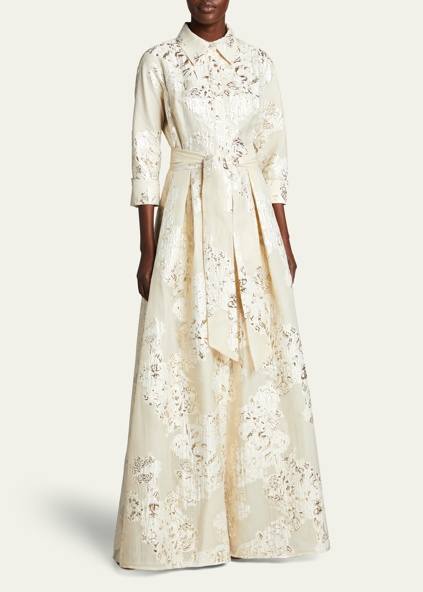 Rickie Freeman for Teri Jon Belted Jacquard Shirtdress Gown