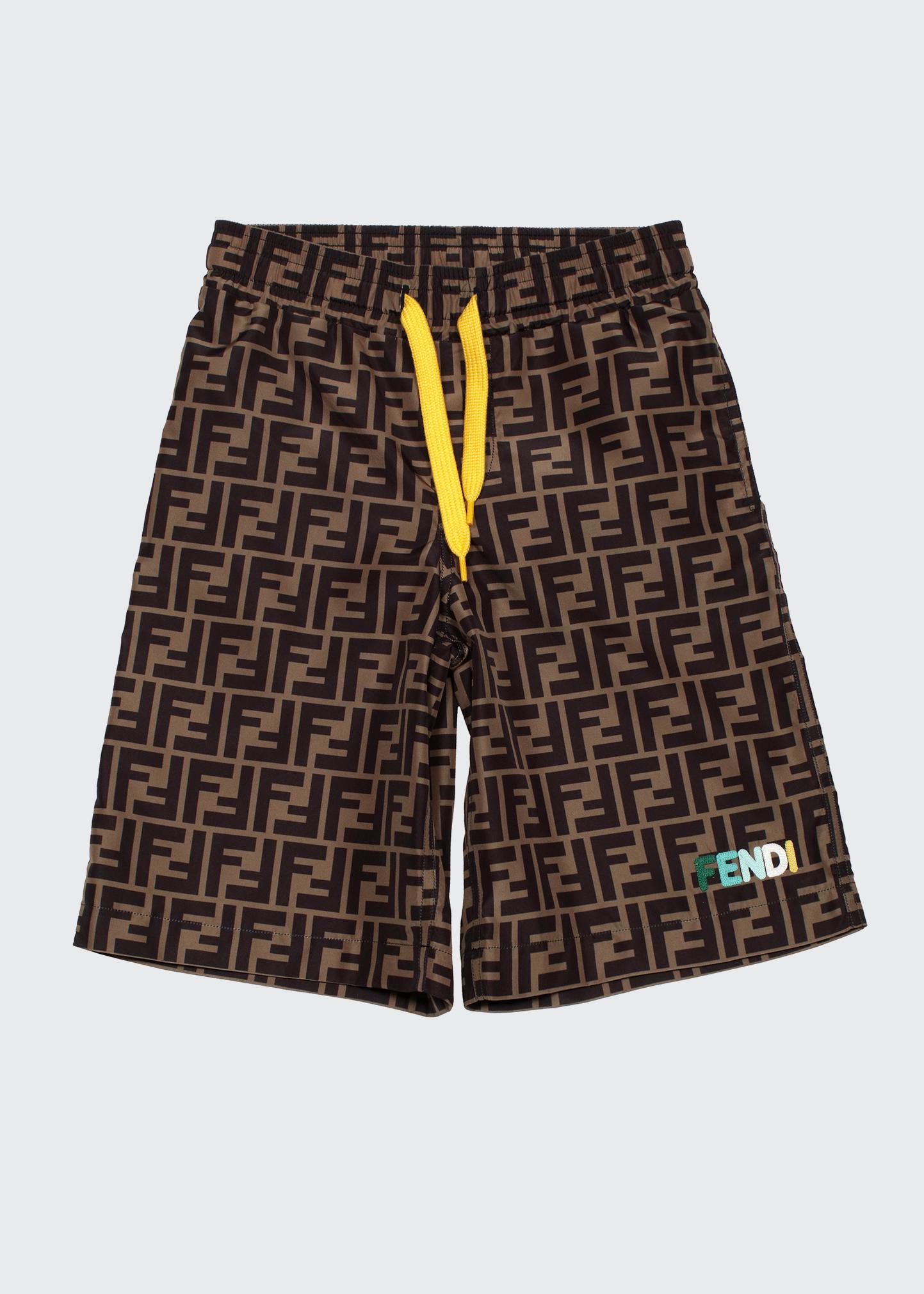 Fendi Boy's FF Logo Drawstring Swim Trunks, Size 8-14 and Matching