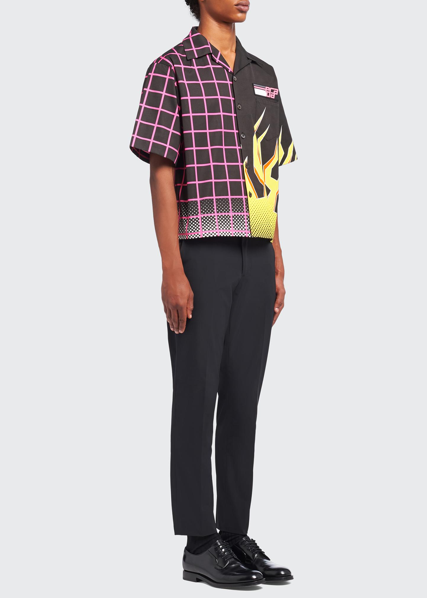 Prada Men's Double Match Split Flame Square & Check Camp Shirt
