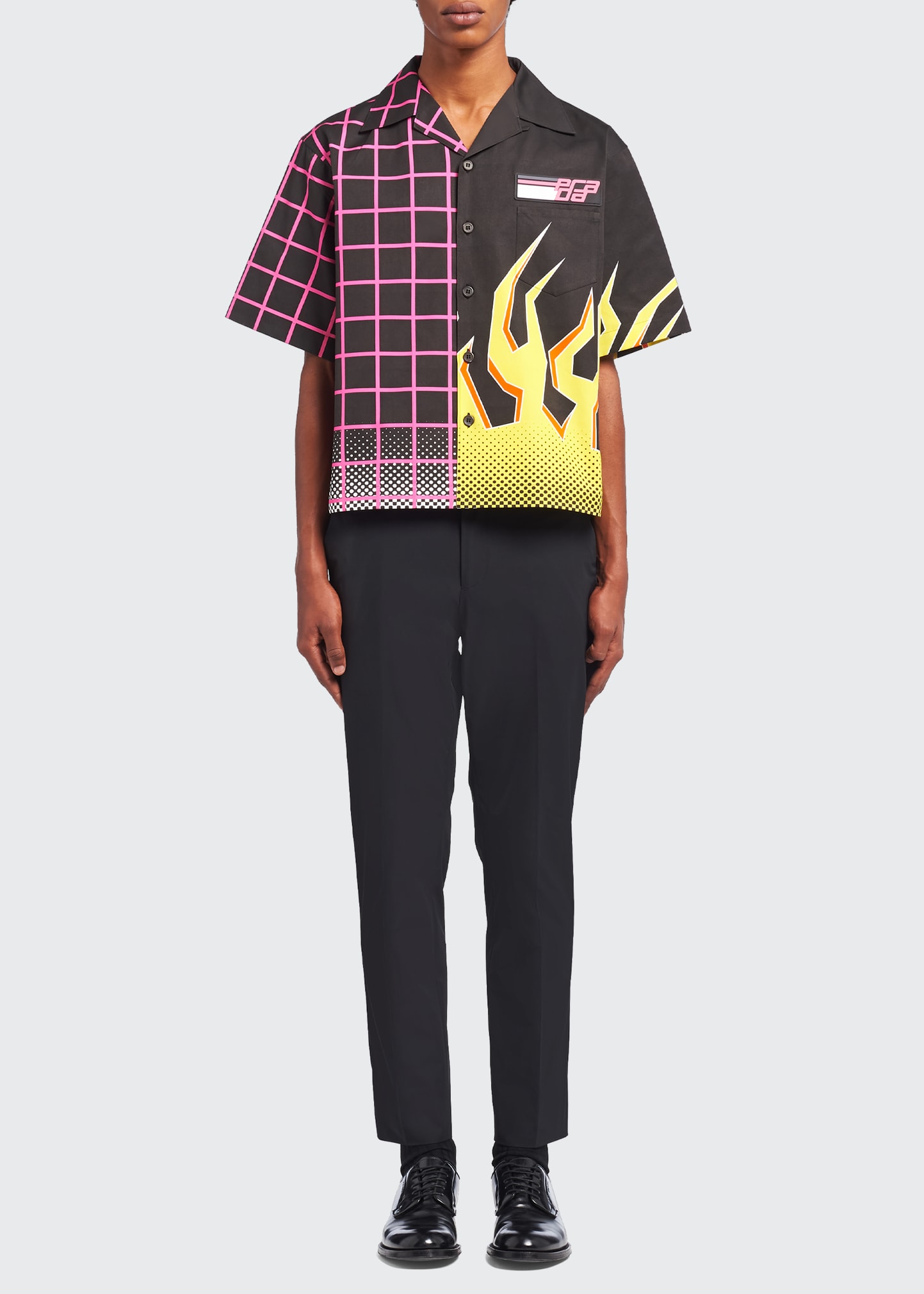 Prada Men's Double Match Split Flame Square & Check Camp Shirt