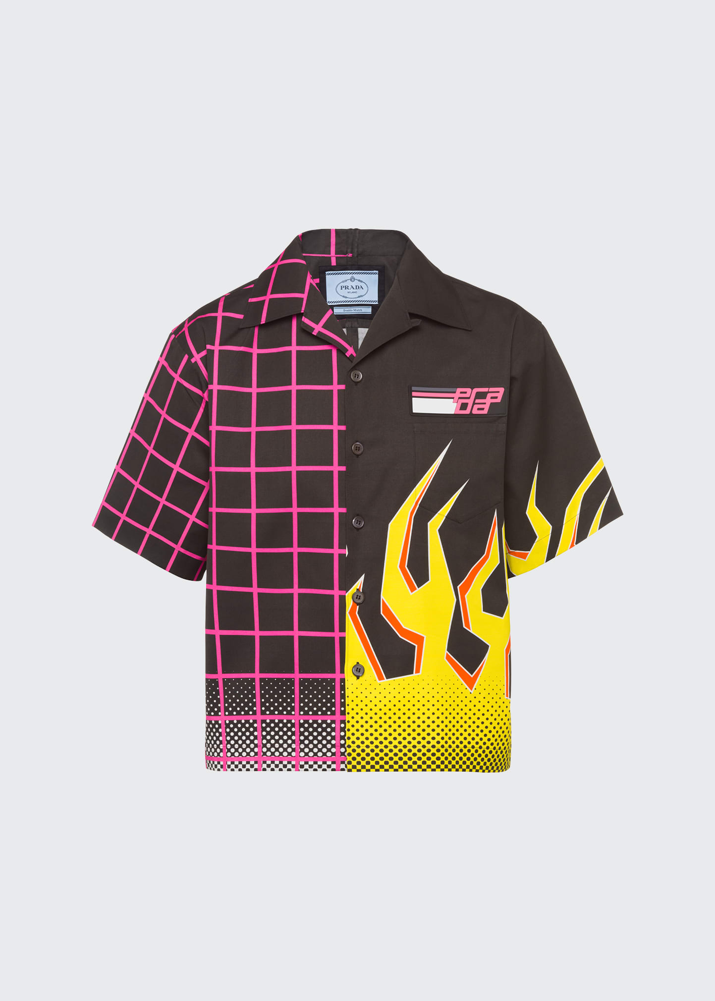 Prada Men's Double Match Split Flame Square & Check Camp Shirt