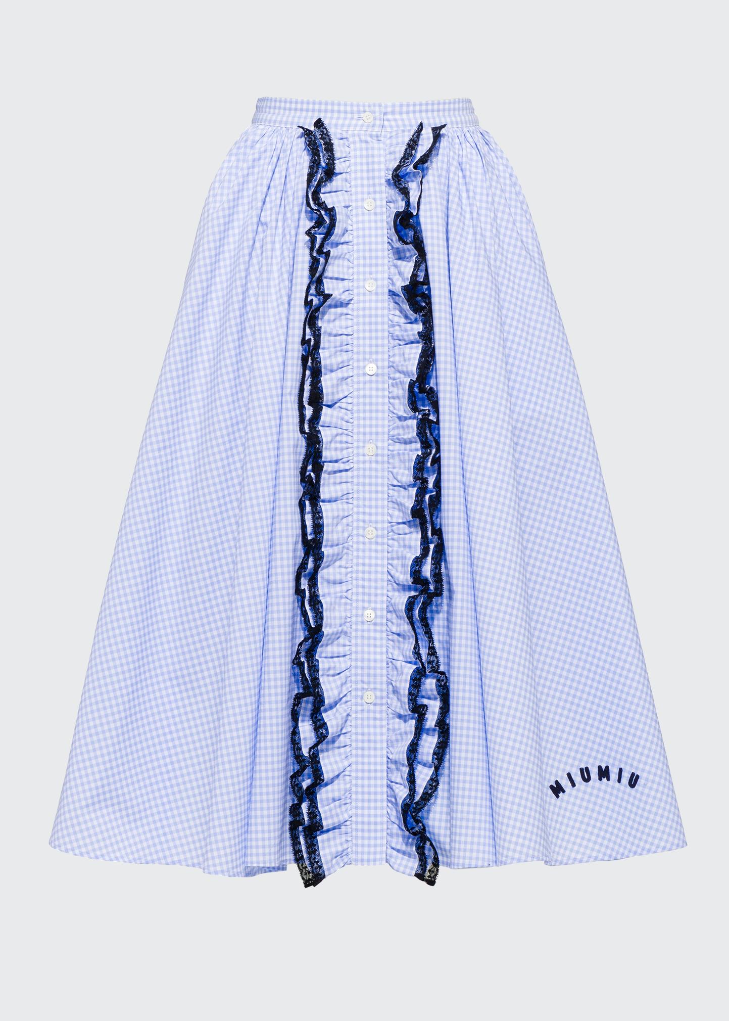 Miu Miu Gingham Ruffled Lace-Trimmed Midi Skirt - Bergdorf Goodman
