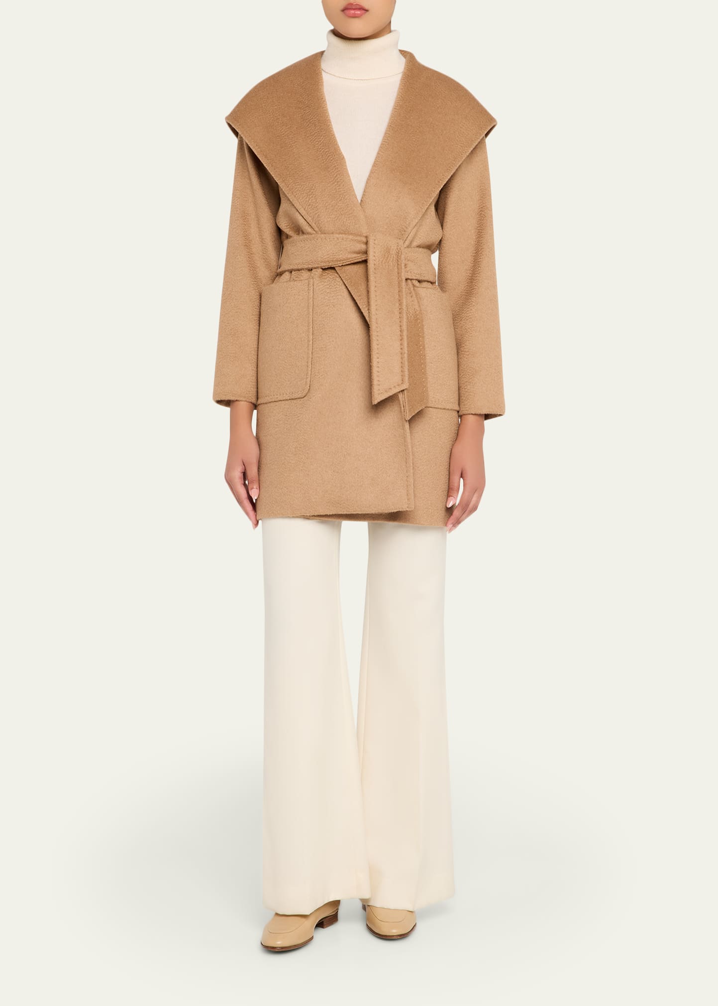 Max Mara Rialto Camel Hair Belted Short Hooded Coat - Bergdorf Goodman