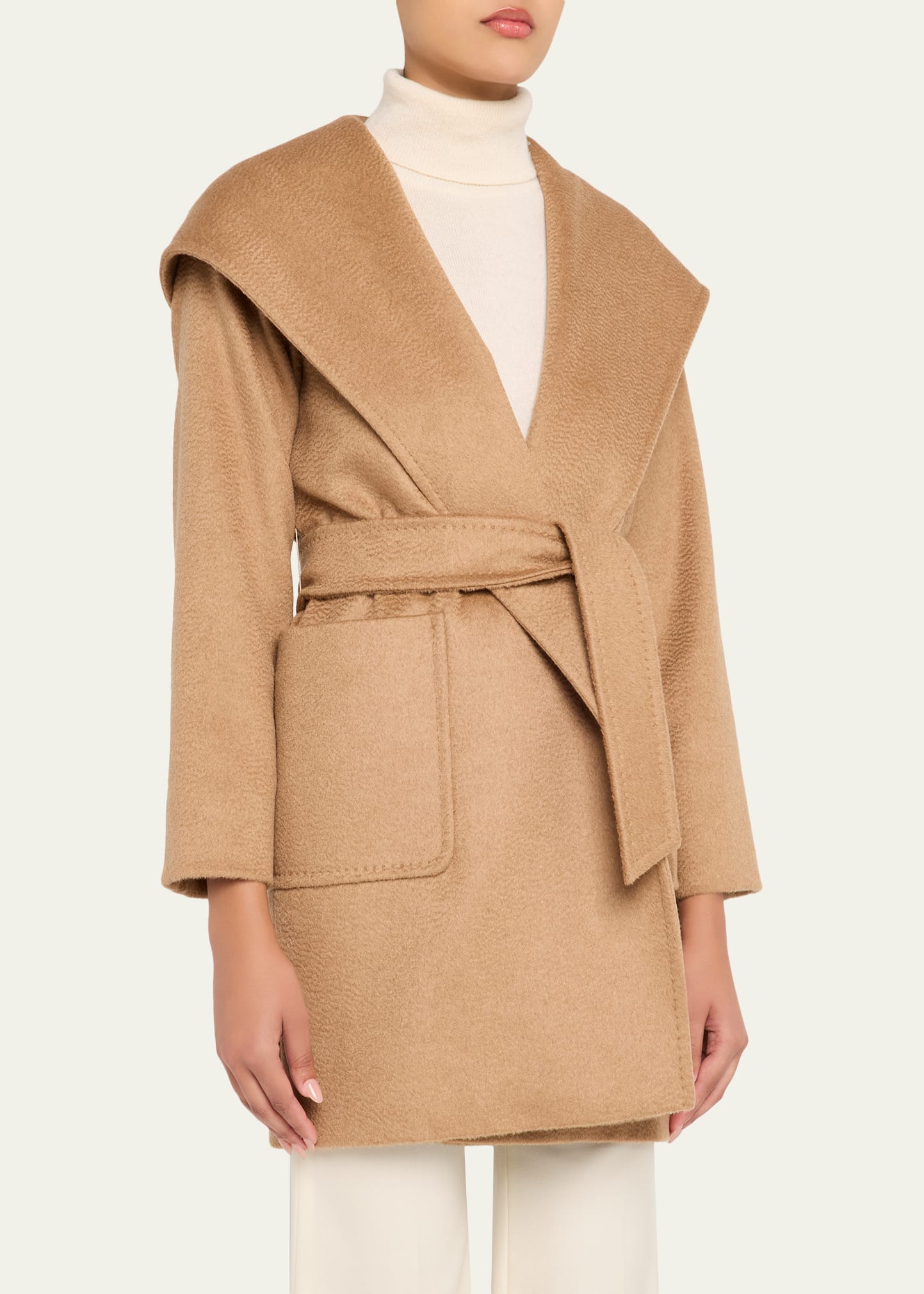Max Mara Rialto Camel Hair Belted Short Hooded Coat Bergdorf