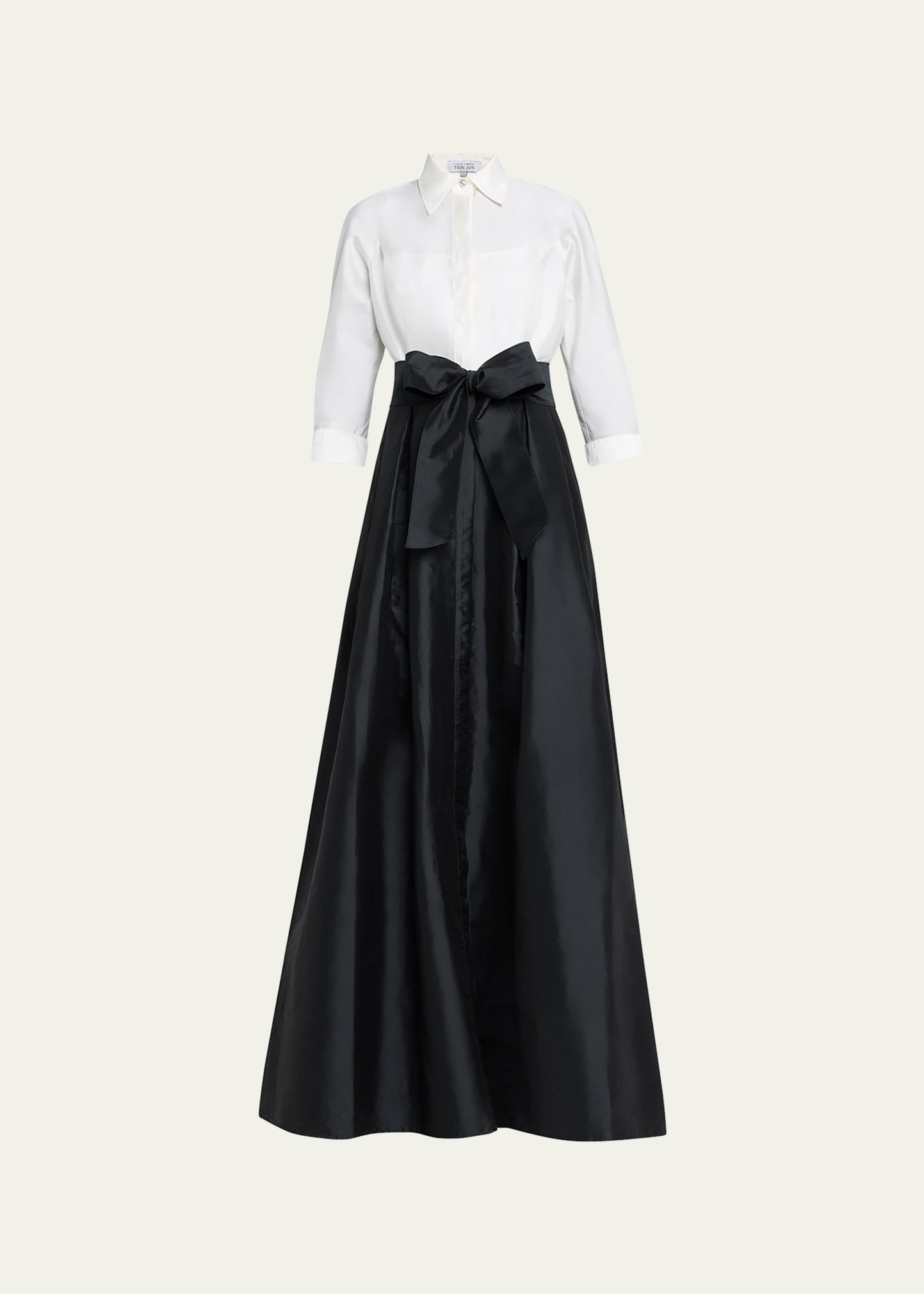 Rickie Freeman for Teri Jon Two-Tone 3/4-Sleeve Taffeta Shirtdress Gown