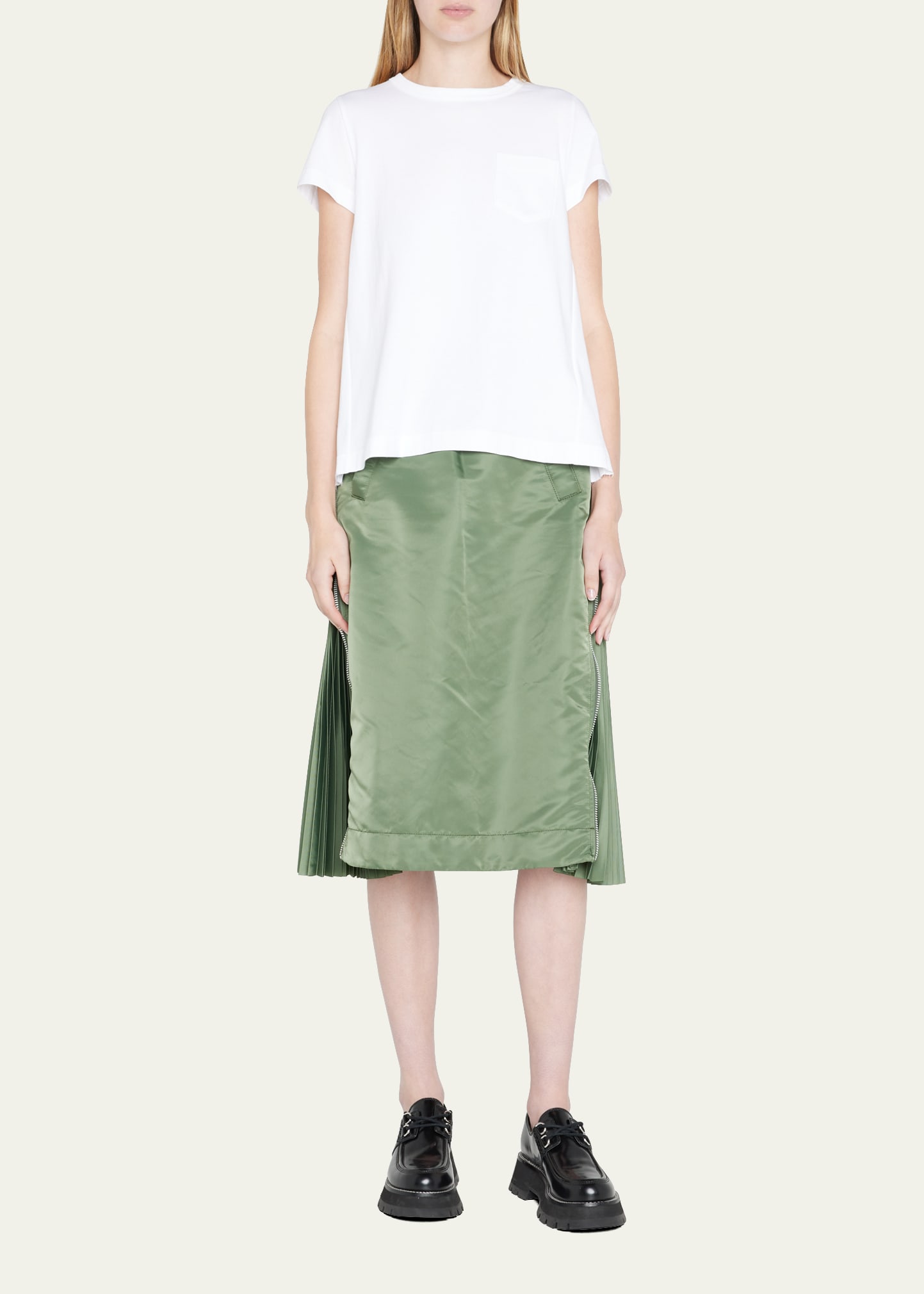 SACAI Taffeta Zip-Pleated Midi Skirt