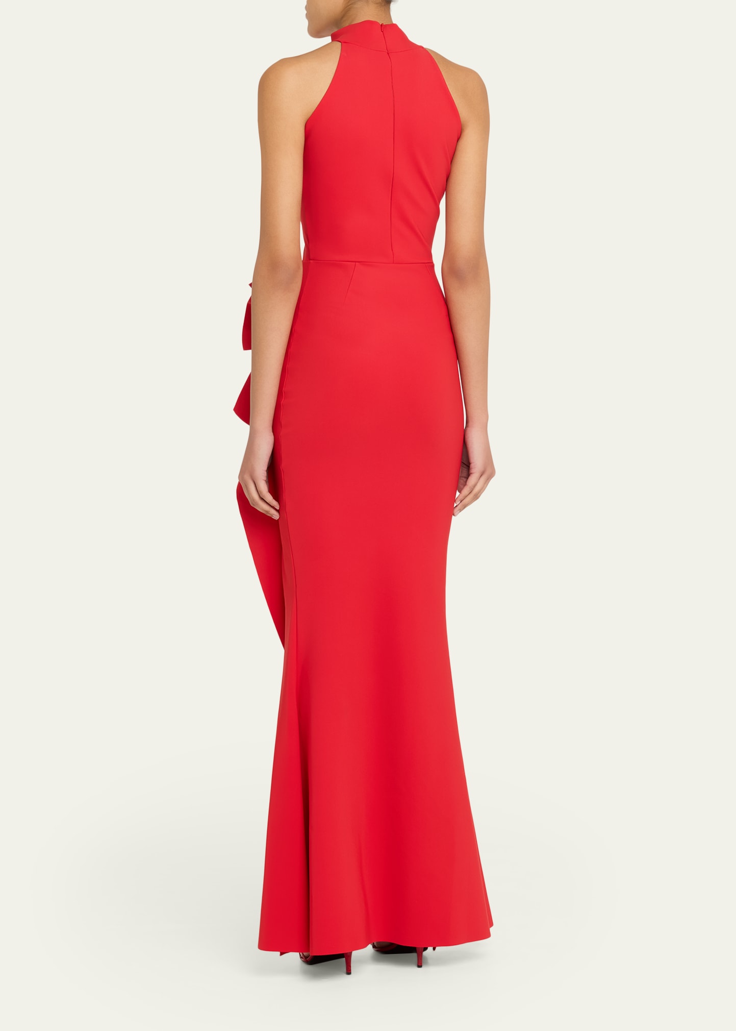 Chiara Boni La Petite Robe Side Ruched Halter Gown With Asymmetric Ruffle, Passion, Women's, 16, Halter Neck Gowns