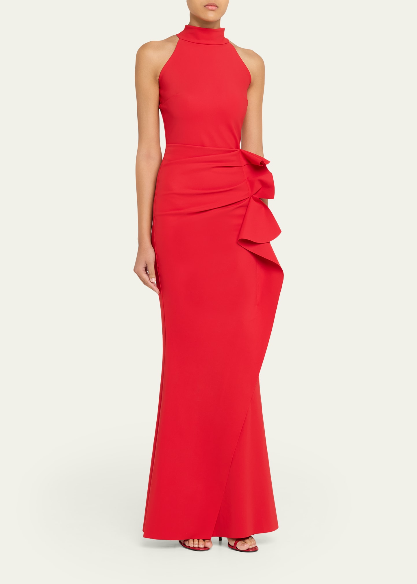 chiara boni la petite robe sleeveless halter ruched dress Chiara Boni La Petite Robe Side Ruched Halter Gown With Asymmetric Ruffle, Passion, Women's, 12, Halter Neck Gowns