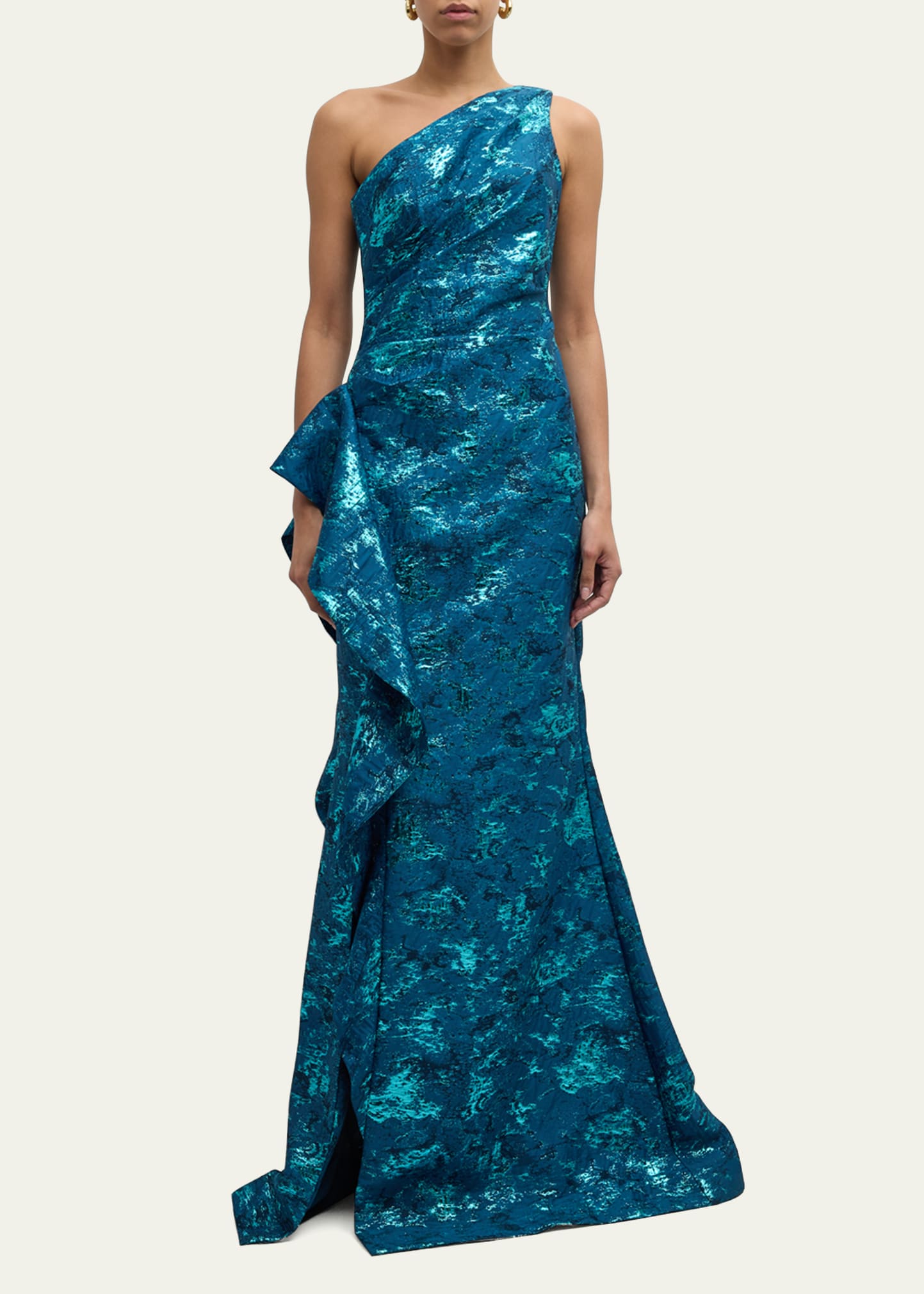 metallic jacquard one-shoulder side-ruffle gown