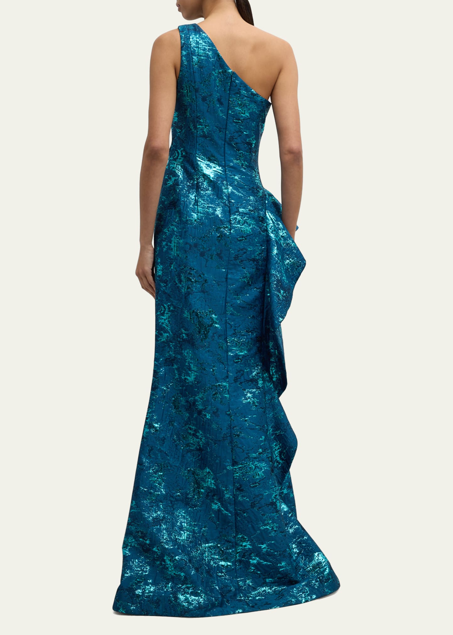 metallic jacquard one-shoulder side-ruffle gown