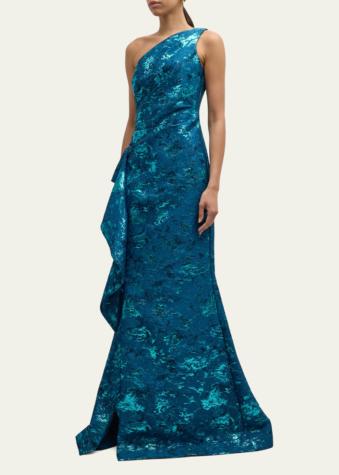 metallic jacquard one-shoulder side-ruffle gown