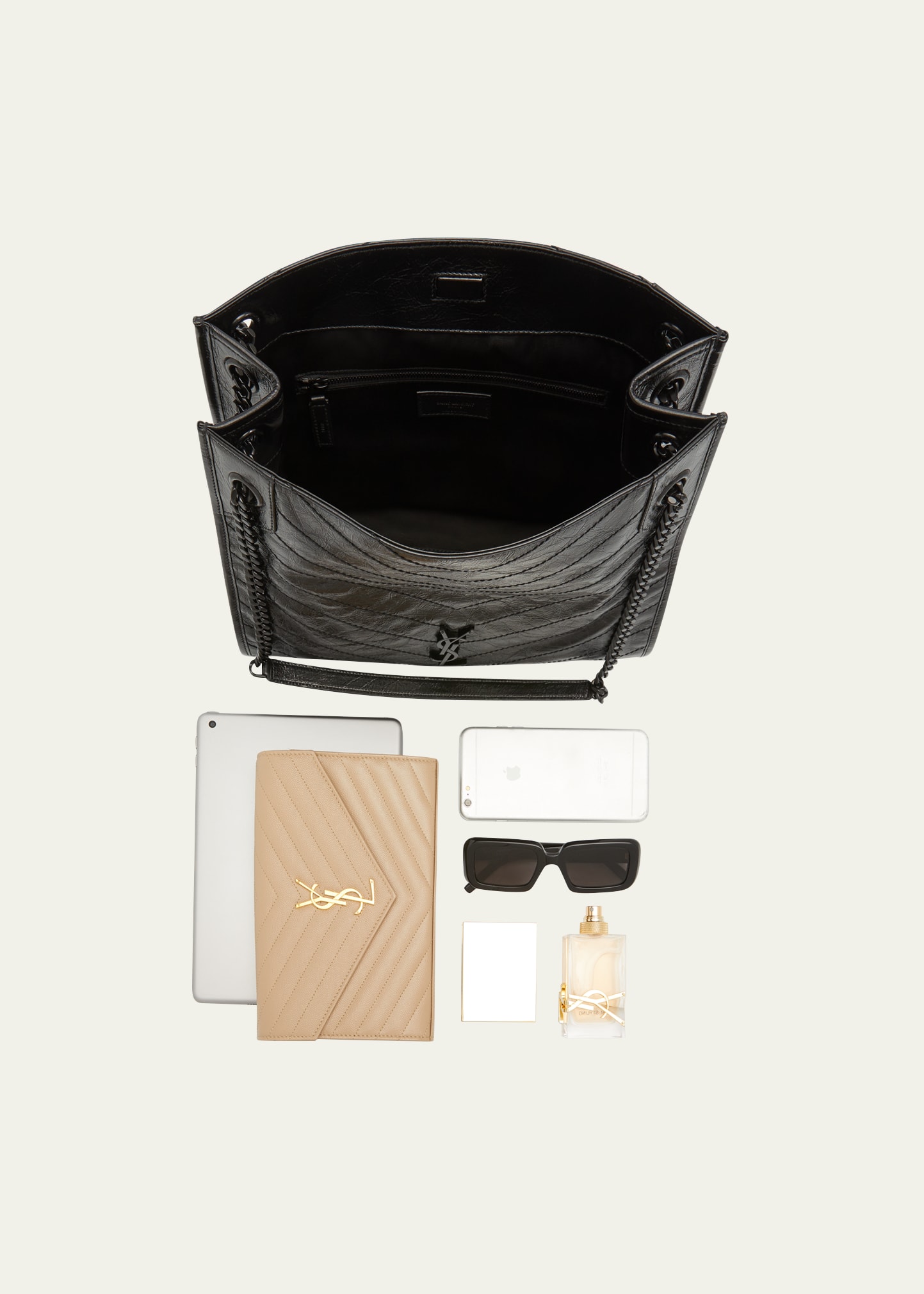 Saint Laurent Niki Medium YSL Shopper Tote Bag in Crinkled Leather