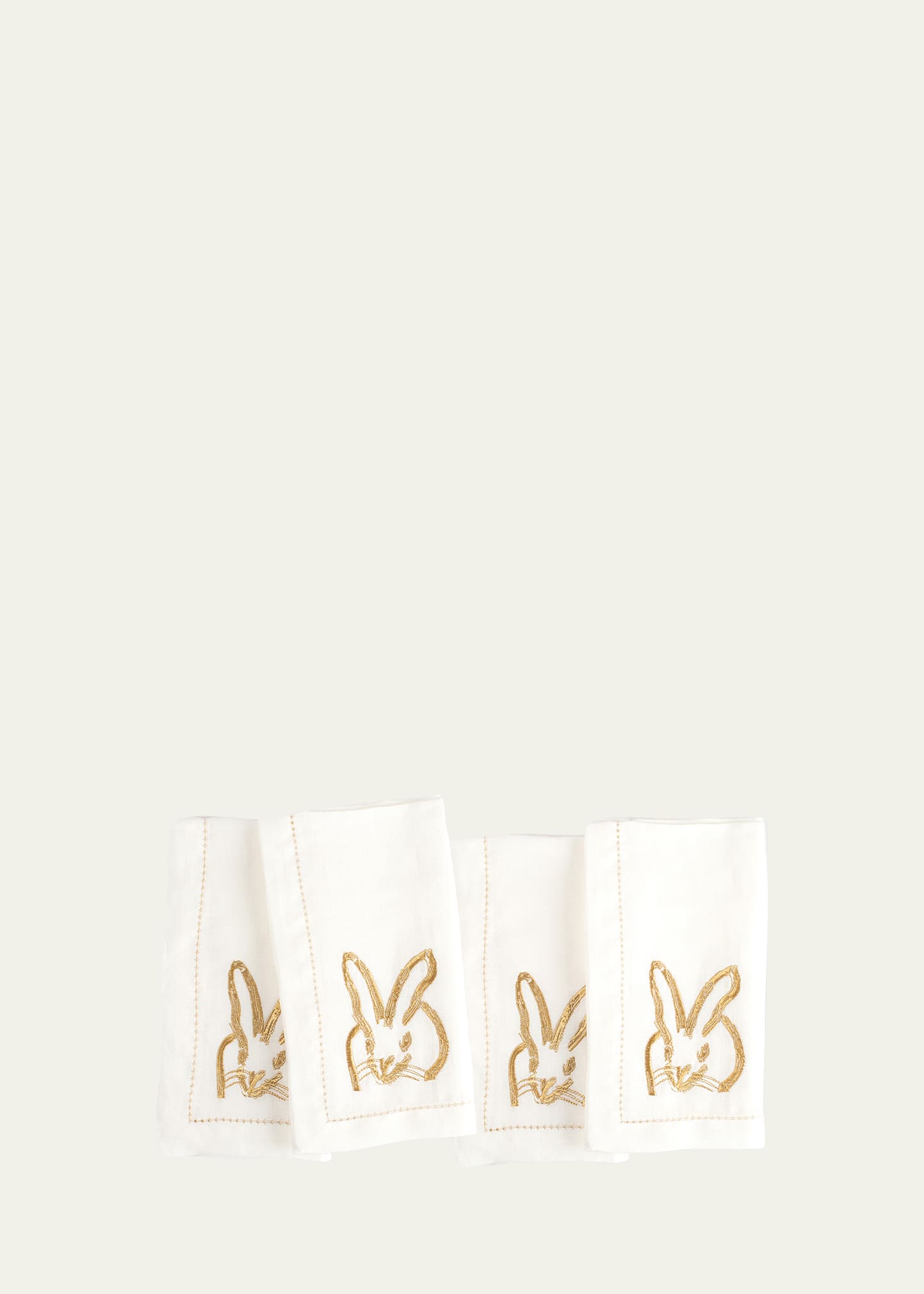 Hunt Slonem Embroidered Bunny Linen Cocktail Napkins - White/Gold