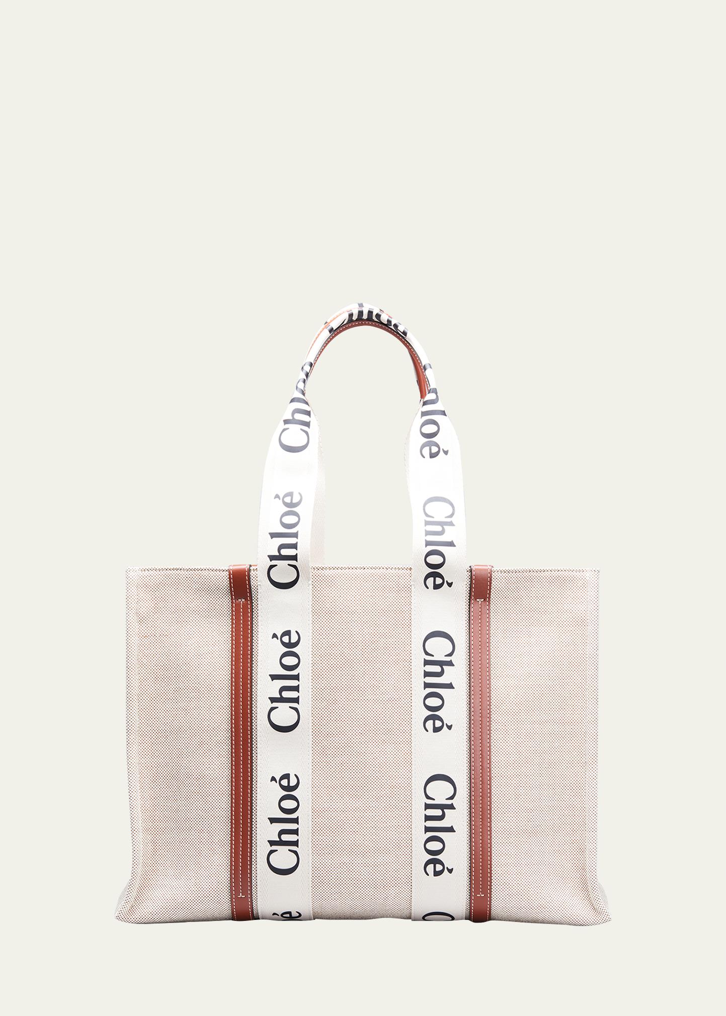 chloe woody large logo canvas shopper tote bag