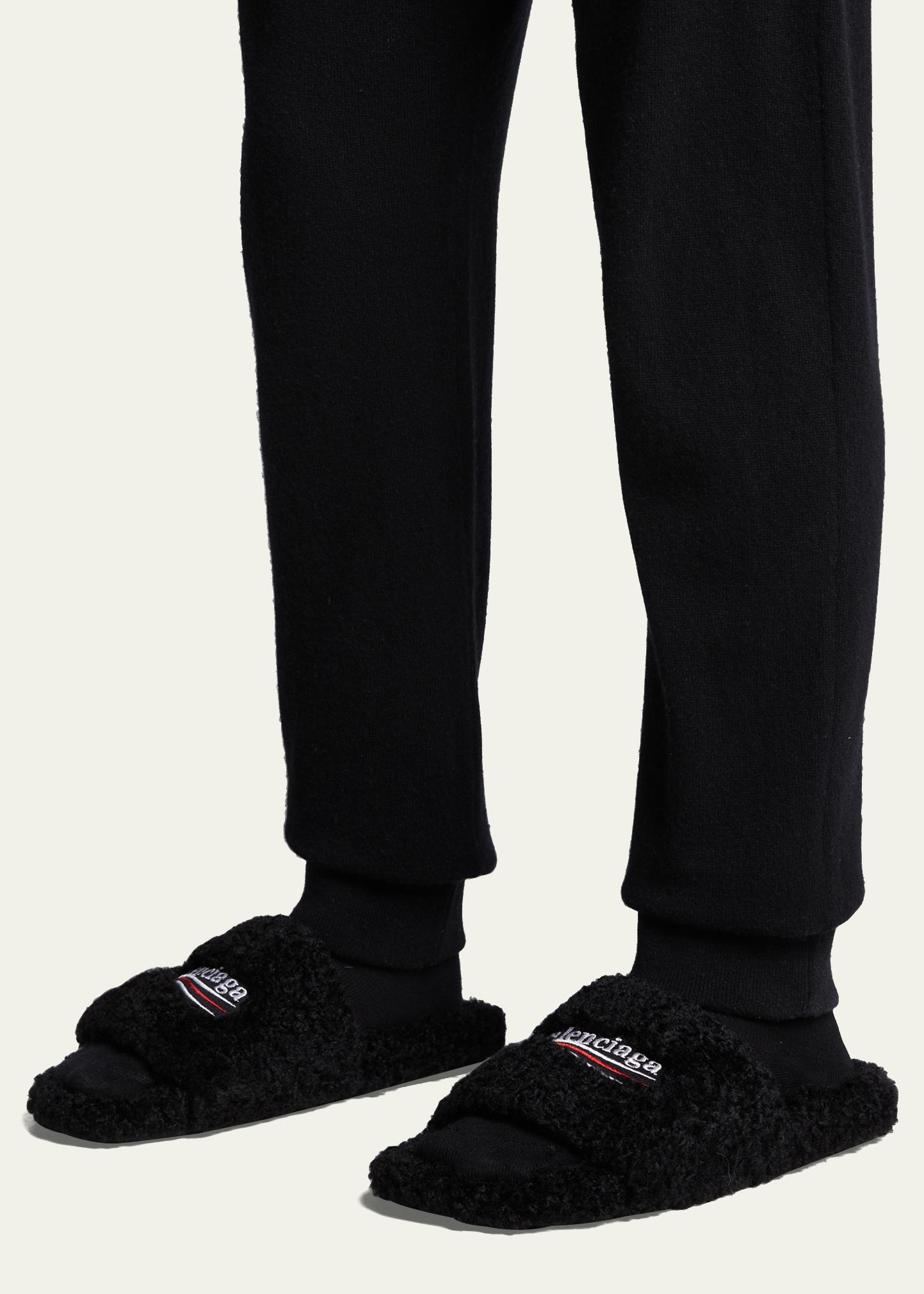 Balenciaga Men's Furry Logo Slide Sandals - Bergdorf Goodman