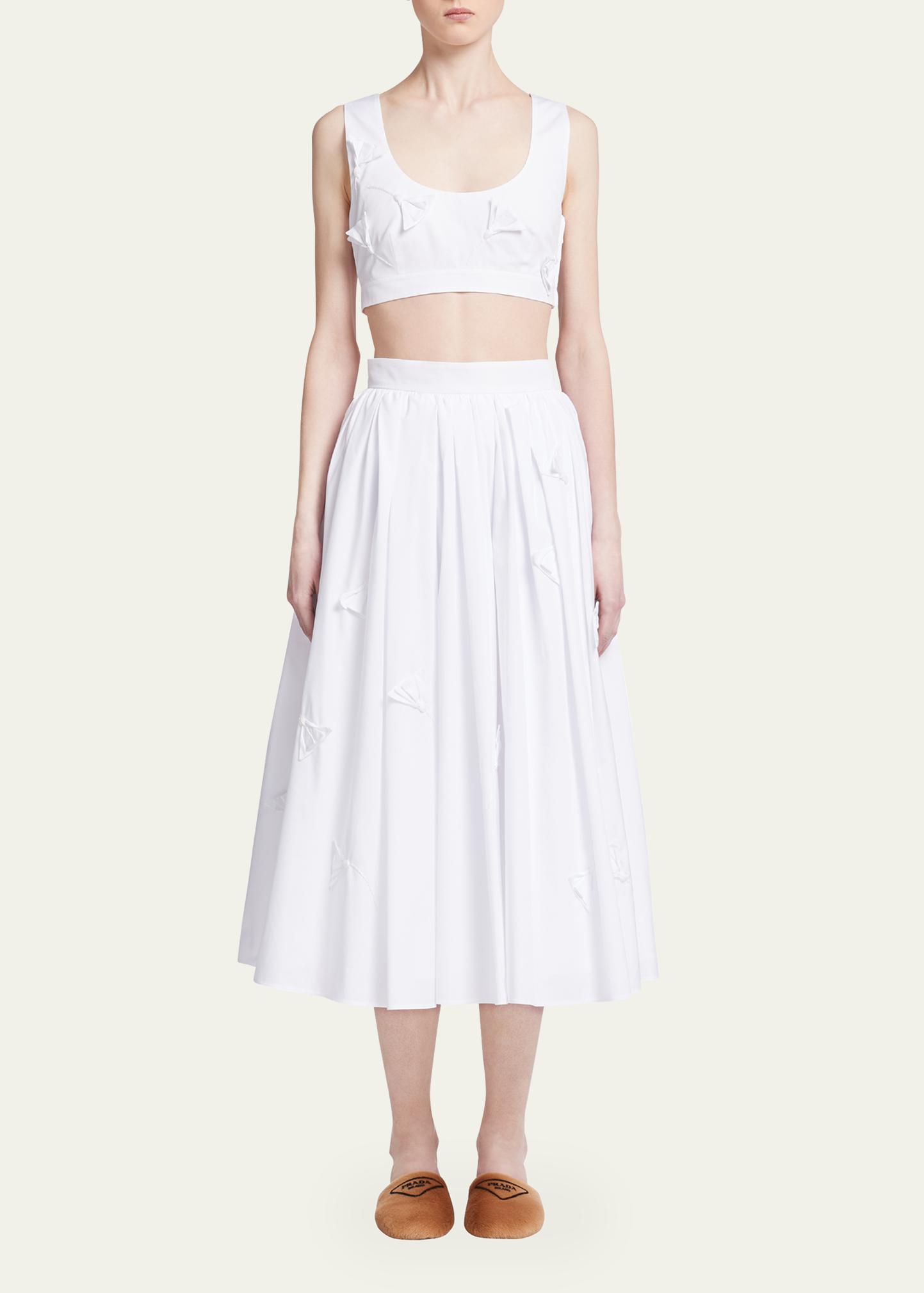 Prada Flower-Applique Pleated Poplin Midi Skirt - Bergdorf Goodman
