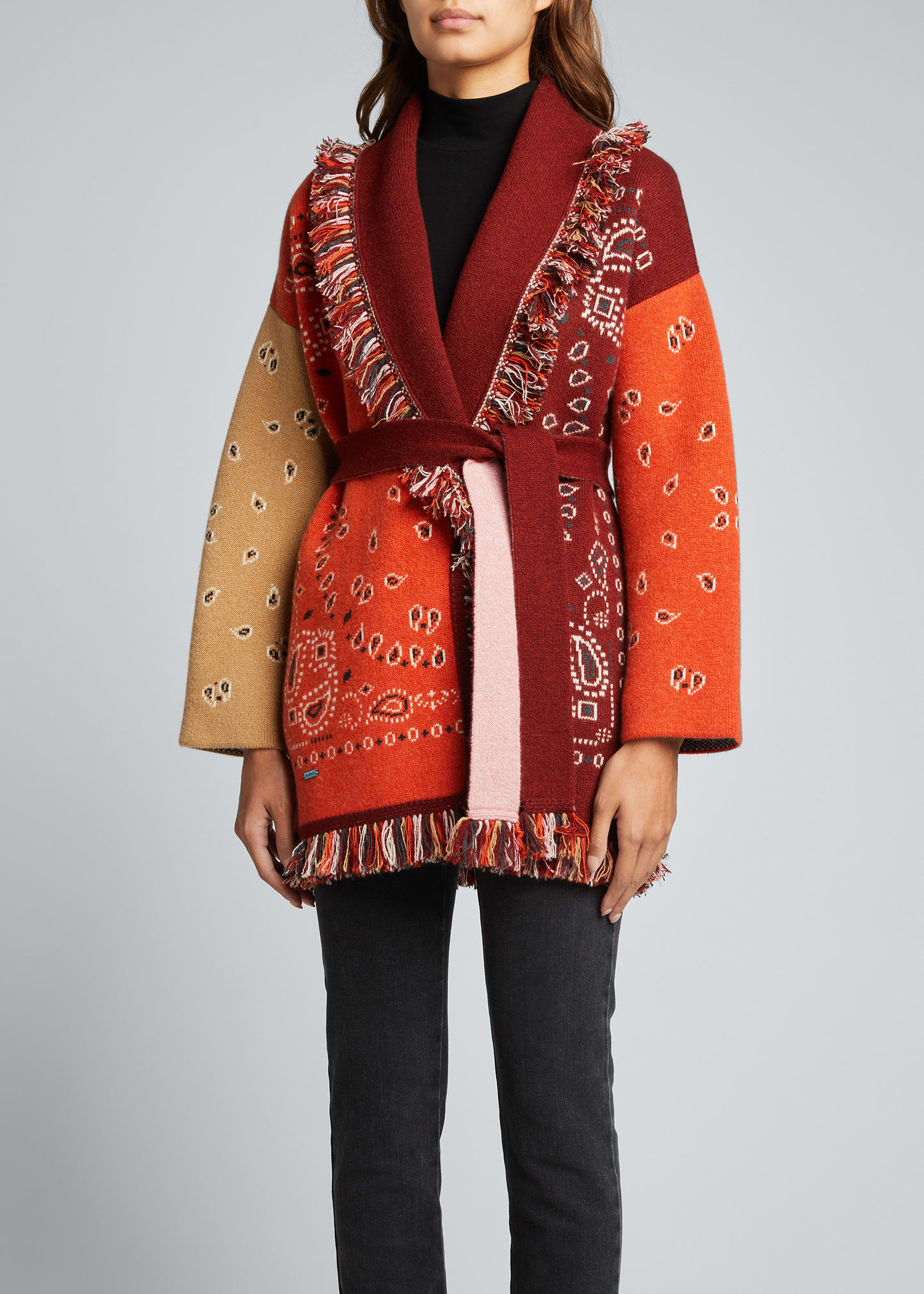 Alanui Bandana Patchwork Fringe Belted Cardigan Sweater - Bergdorf