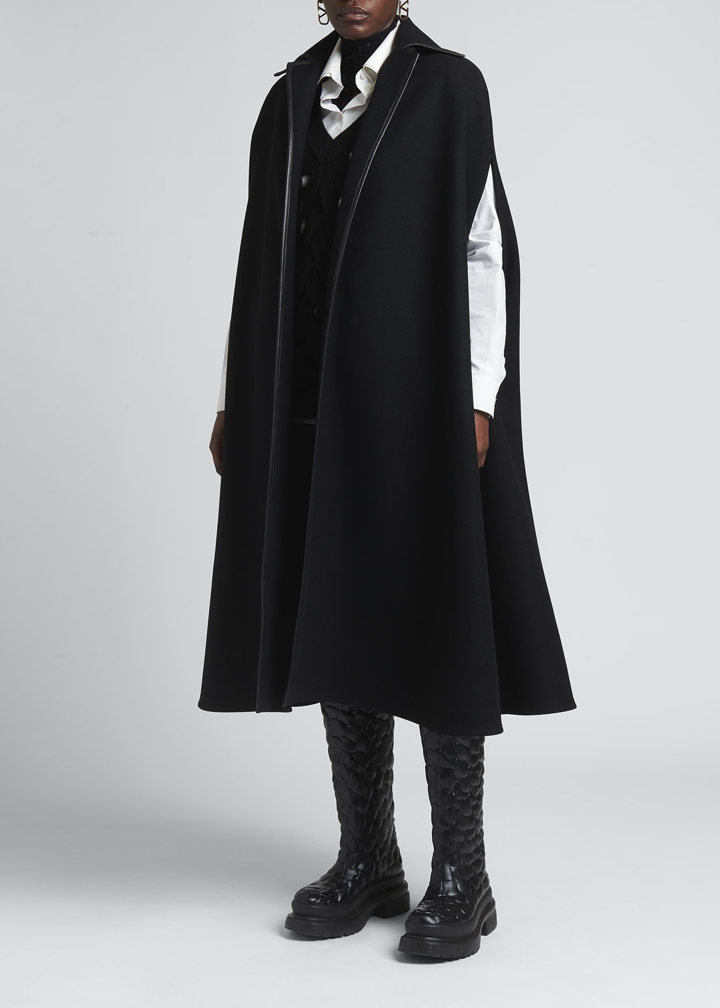 Valentino Garavani Long Wool Cape Coat w/ Leather Trim - Bergdorf