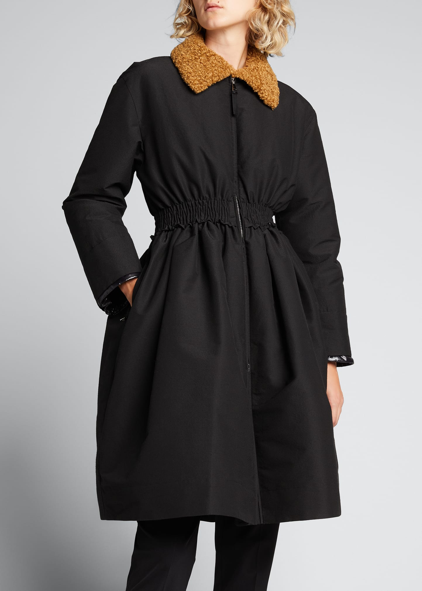 Moncler Genius Leandra Long Coat with Faux Shearling Collar