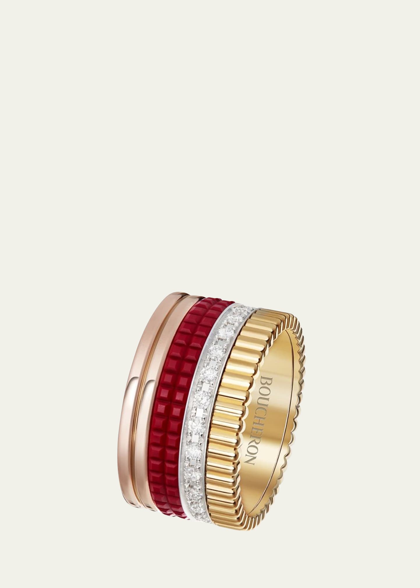 Boucheron Quatre Large Ring in Tricolor Gold with Red Ceramic and Diamonds, Size 54