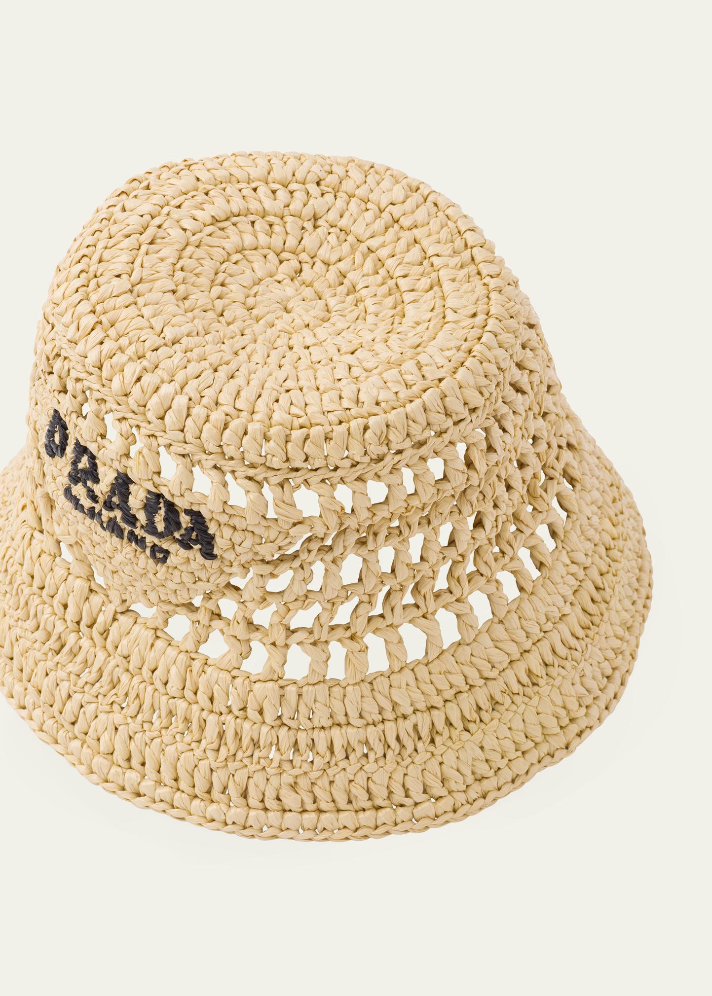 Prada Logo Cutout Raffia Bucket Hat