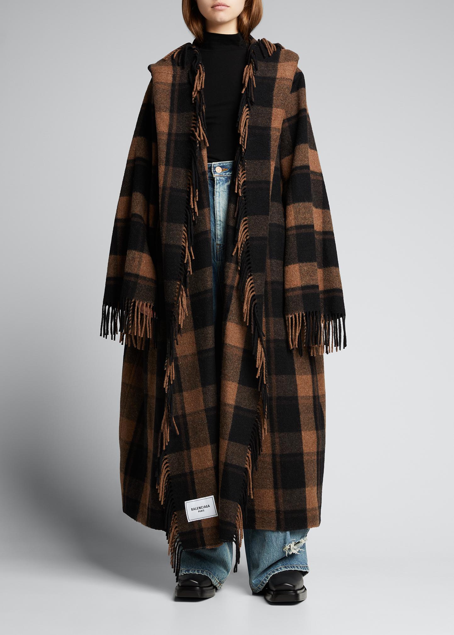 BALENCIAGA バレンシアガ Fringed Check Coat Balenciaga Check-Print Fringed Blanket Coat - Bergdorf Goodman