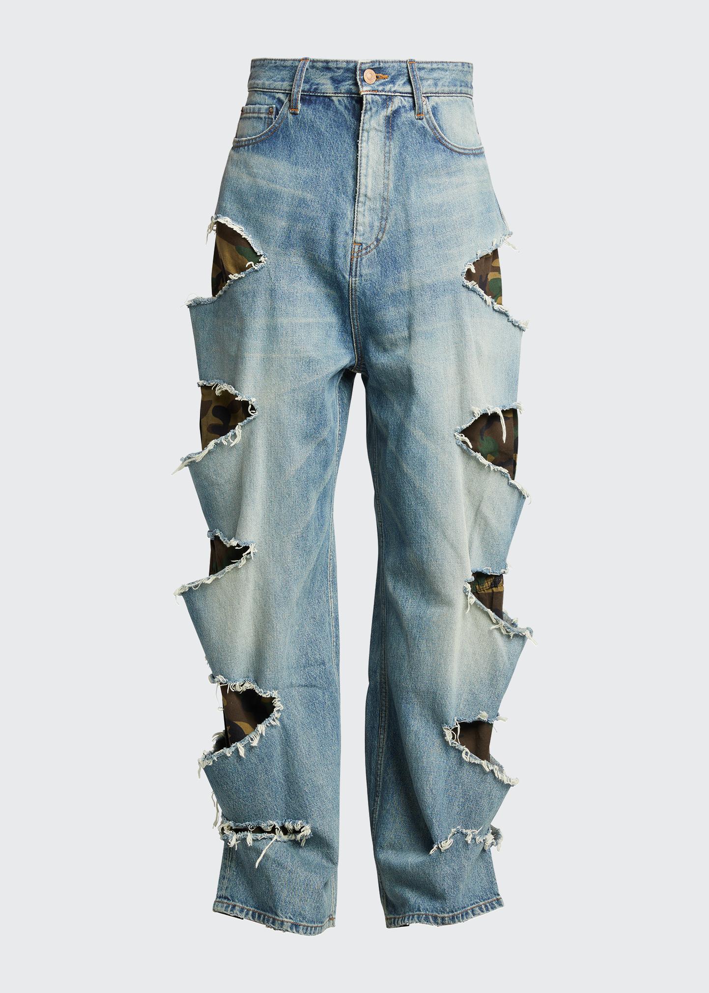 Balenciaga Slash Denim Jeans w/ Camo Print Lining - Bergdorf Goodman