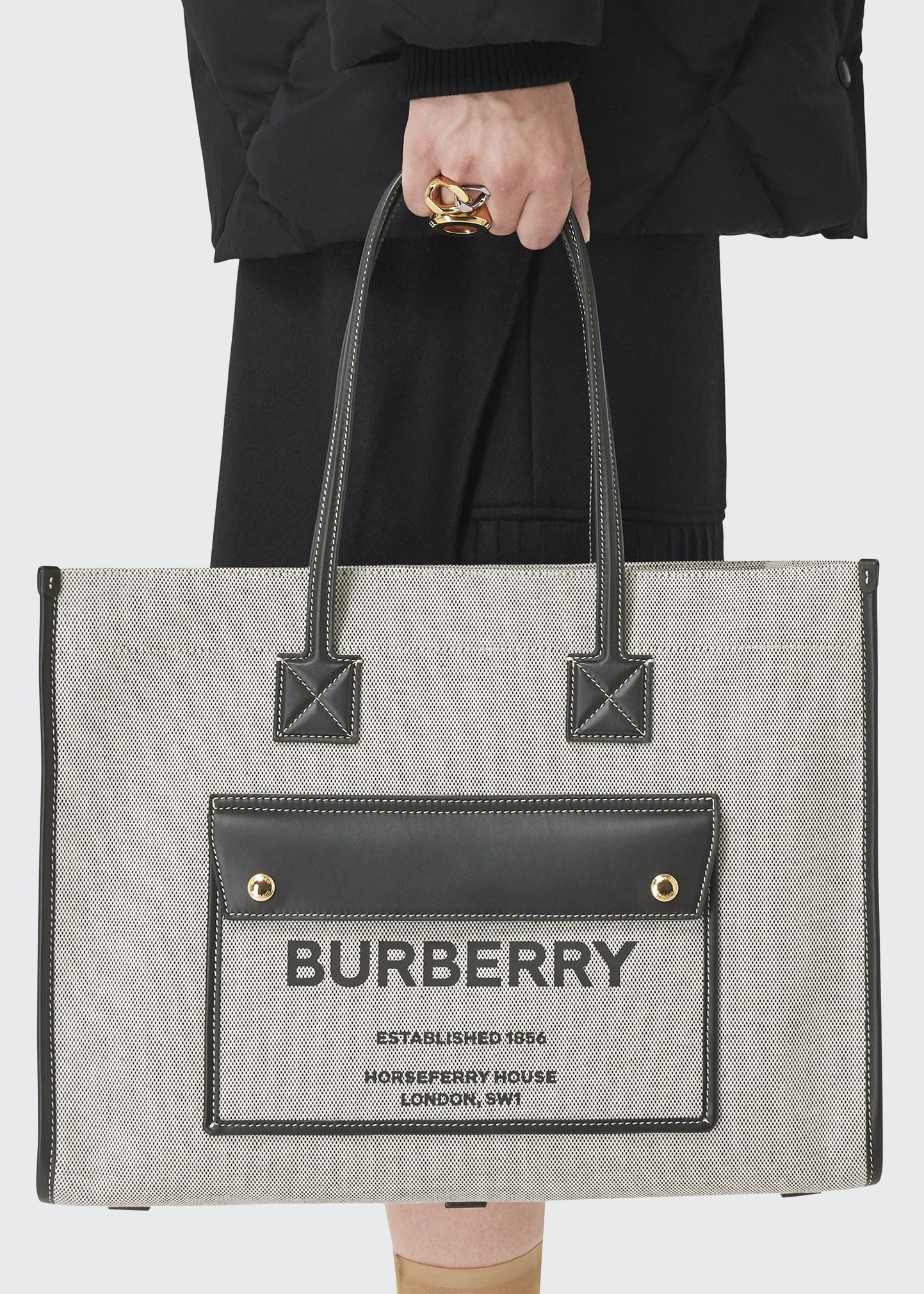 Burberry Logo Canvas & Leather Pocket Shopper Tote Bag