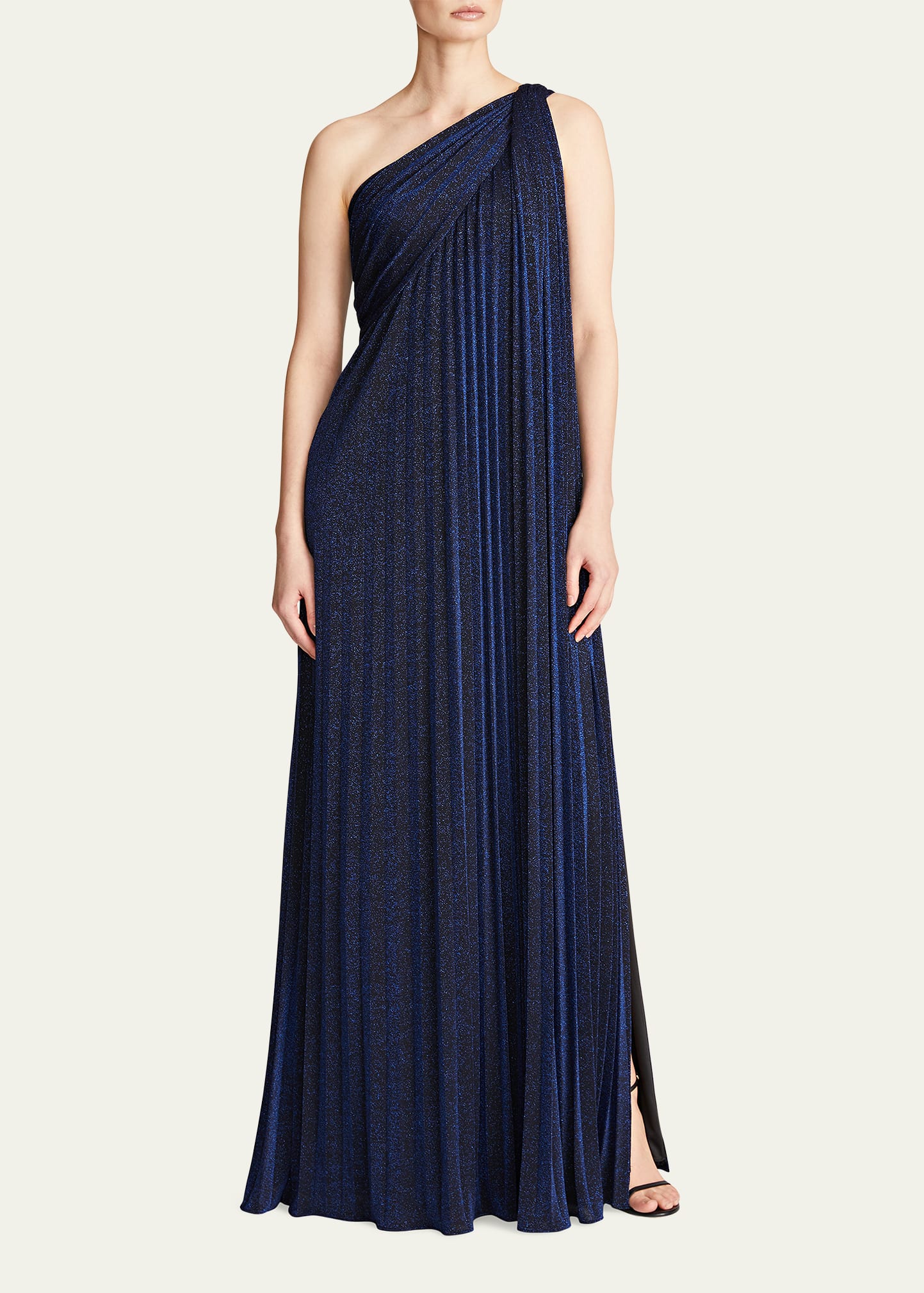 Halston One Shoulder Pleated Knit Gown