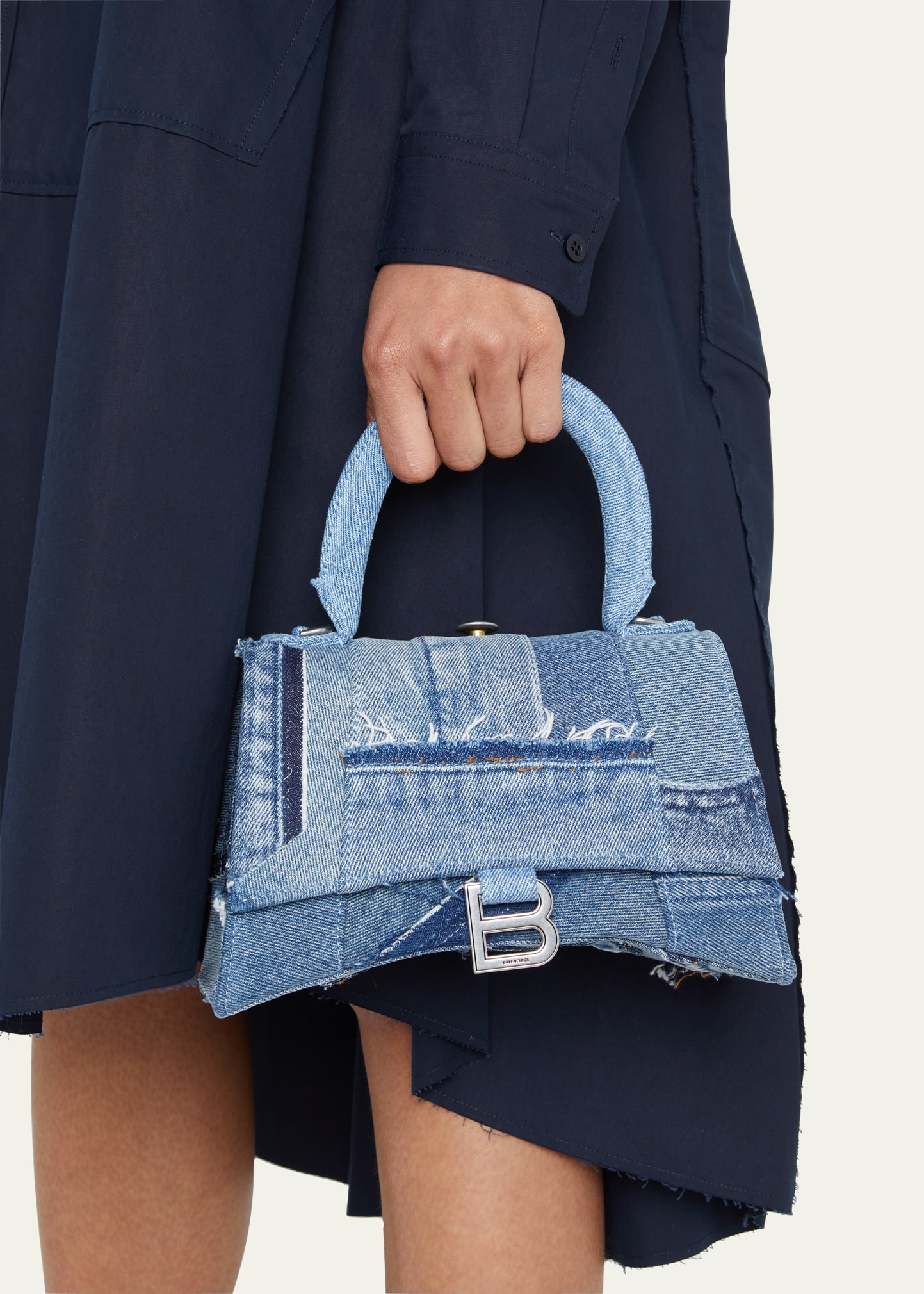 Balenciaga Hourglass Upcycled Denim Patchwork Top-Handle Bag