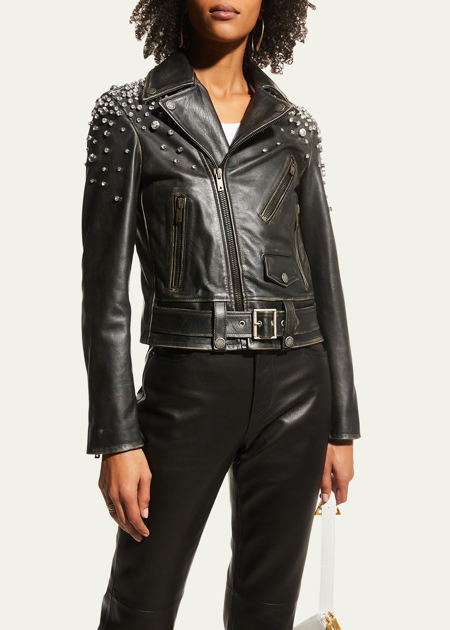 Golden Goose Golden Distressed Leather Jacket with Crystals 
