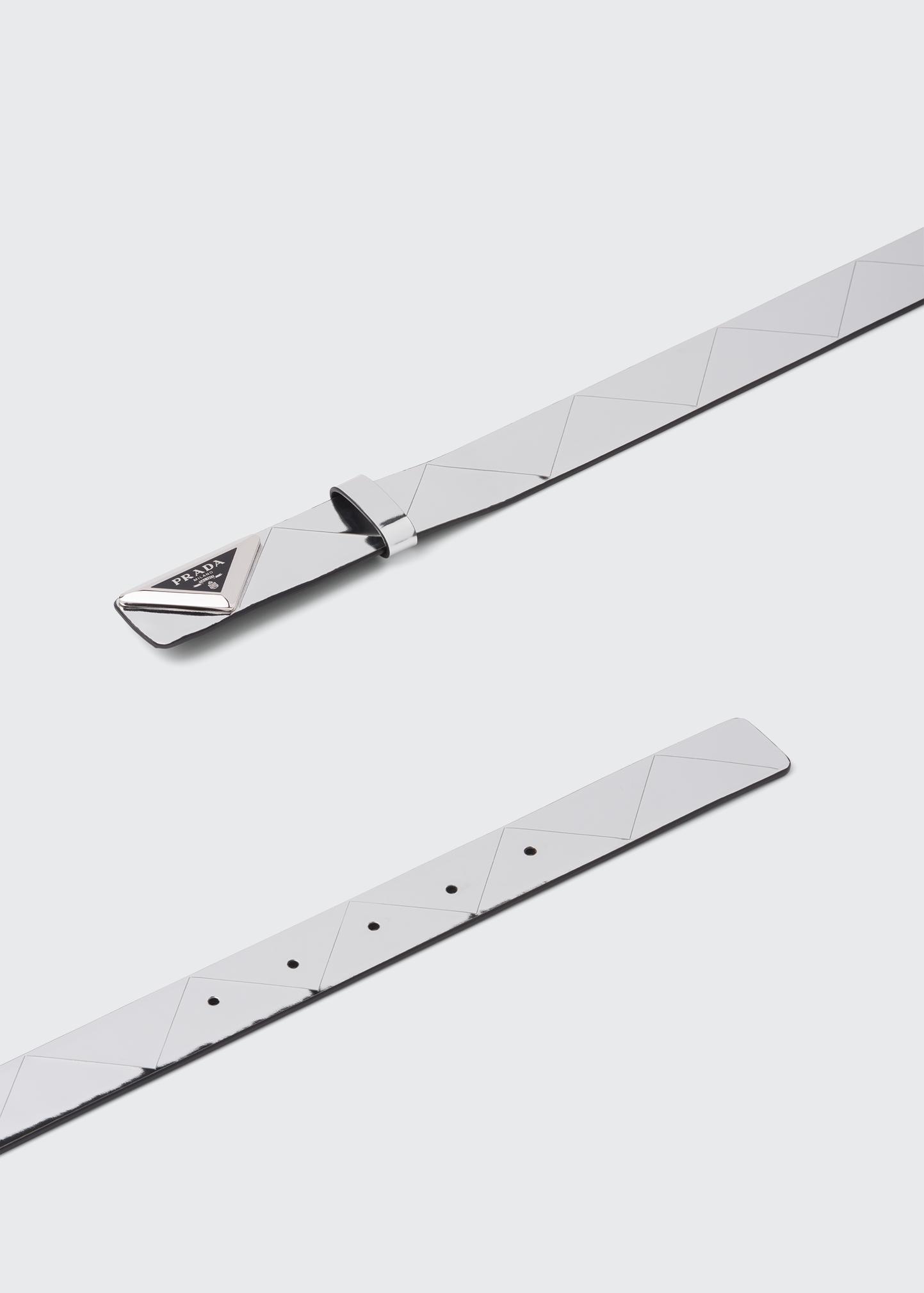 Prada spazzolato leather belt metallic polished steel / inlay of precious stone Authentic PRADA Black Patent Leather Silver Pony Buckle Logo  main image 2